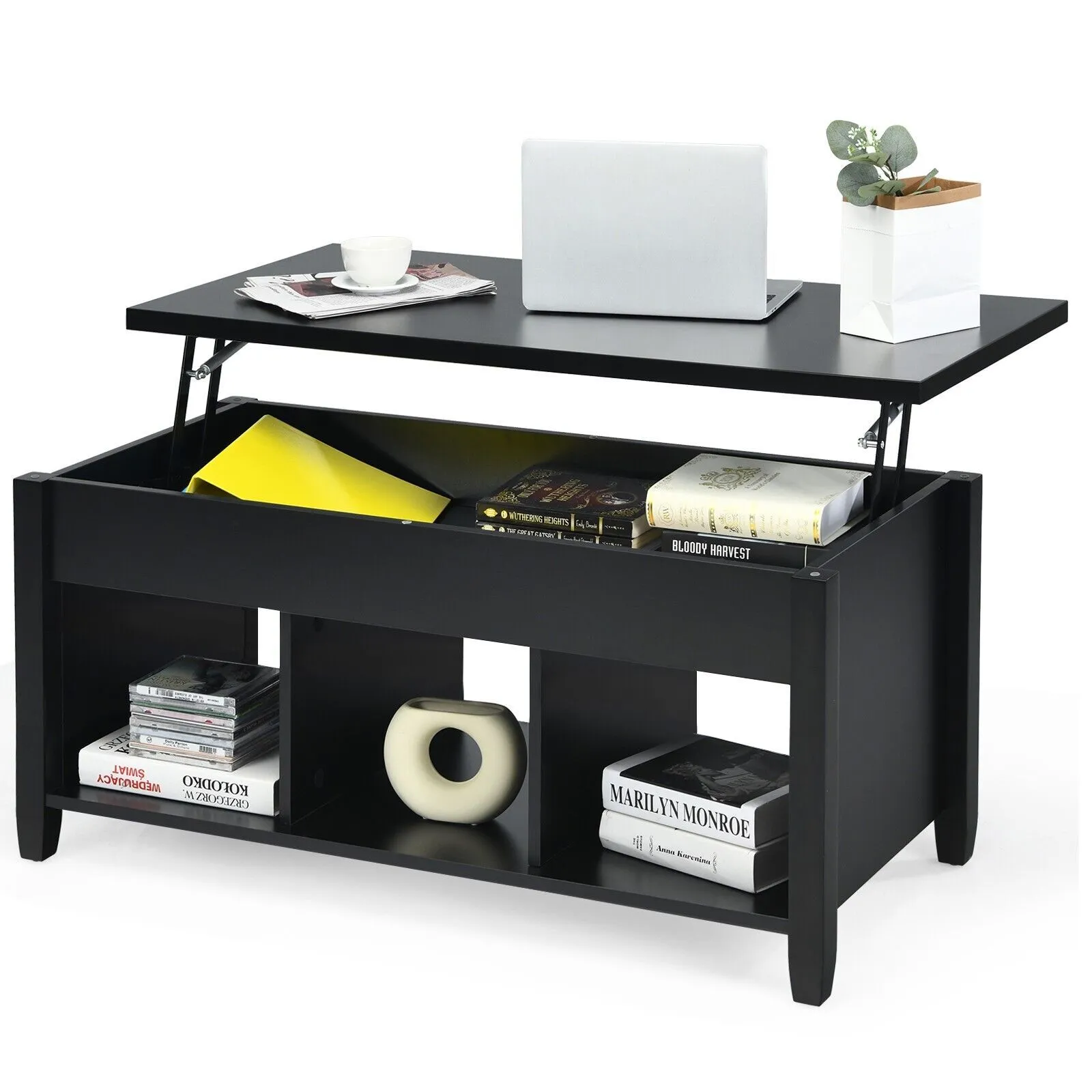 Costway Lift Top Coffee Table Modern Wooden Lift Top Dining Cocktail Table Living Room in Black