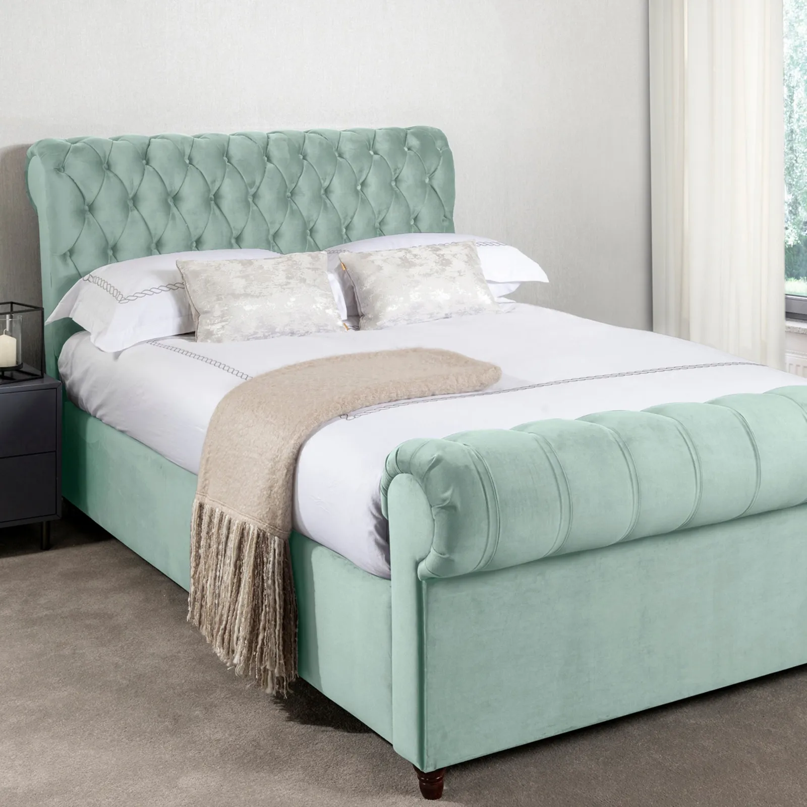 Fabio Velvet Seafoam Bed Frame Green