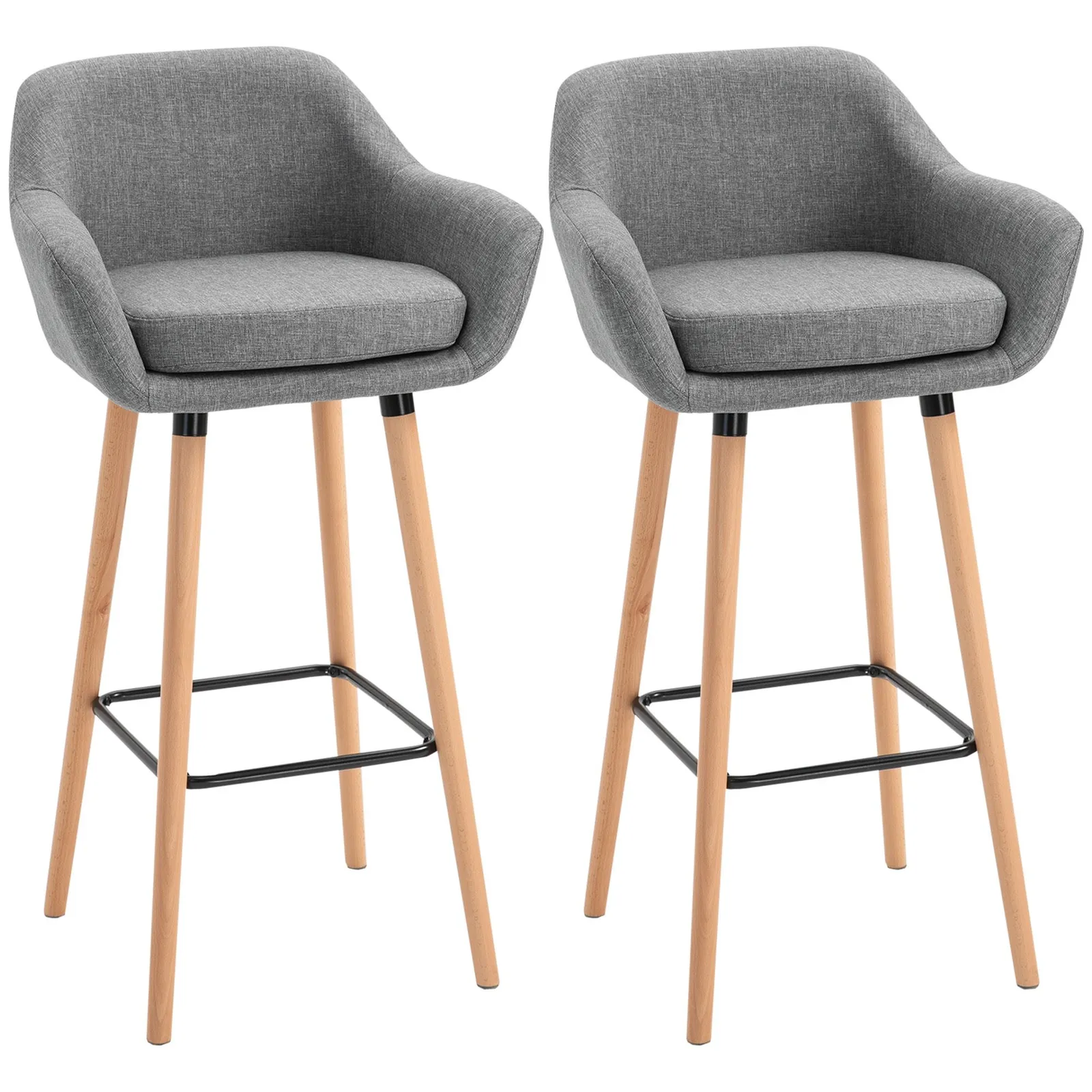 HOMCOM PCs Modern Upholstered Fabric Bucket Seat Bar Stools w/ Solid Wood Legs in Grey 2