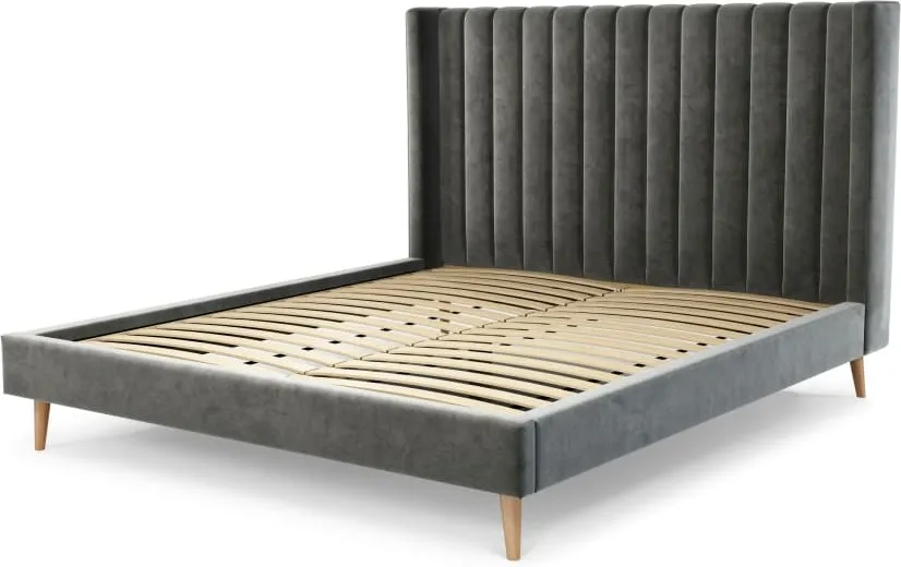 Cory Super King Size Bed, Steel Grey Velvet with Oak Legs