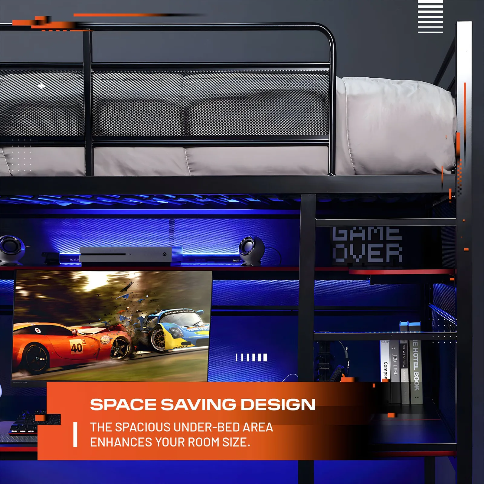 X Rocker Battlebunk High Sleeper Bunk Bed with Gaming Desk & Shelving in Black 4