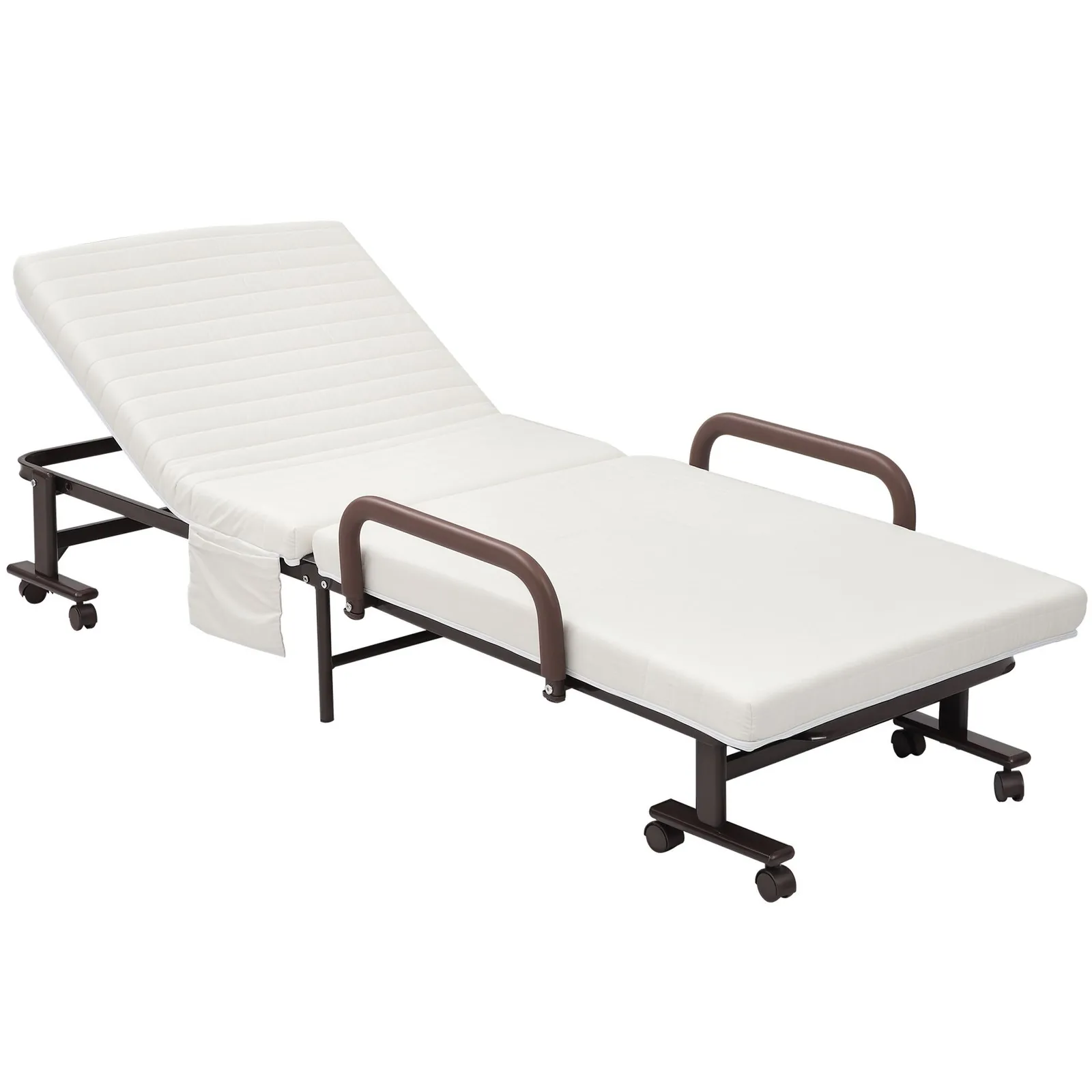 HOMCOM Folding Bed with Mattress Guest Bed with Adjustable Backrest & Wheels in White 2