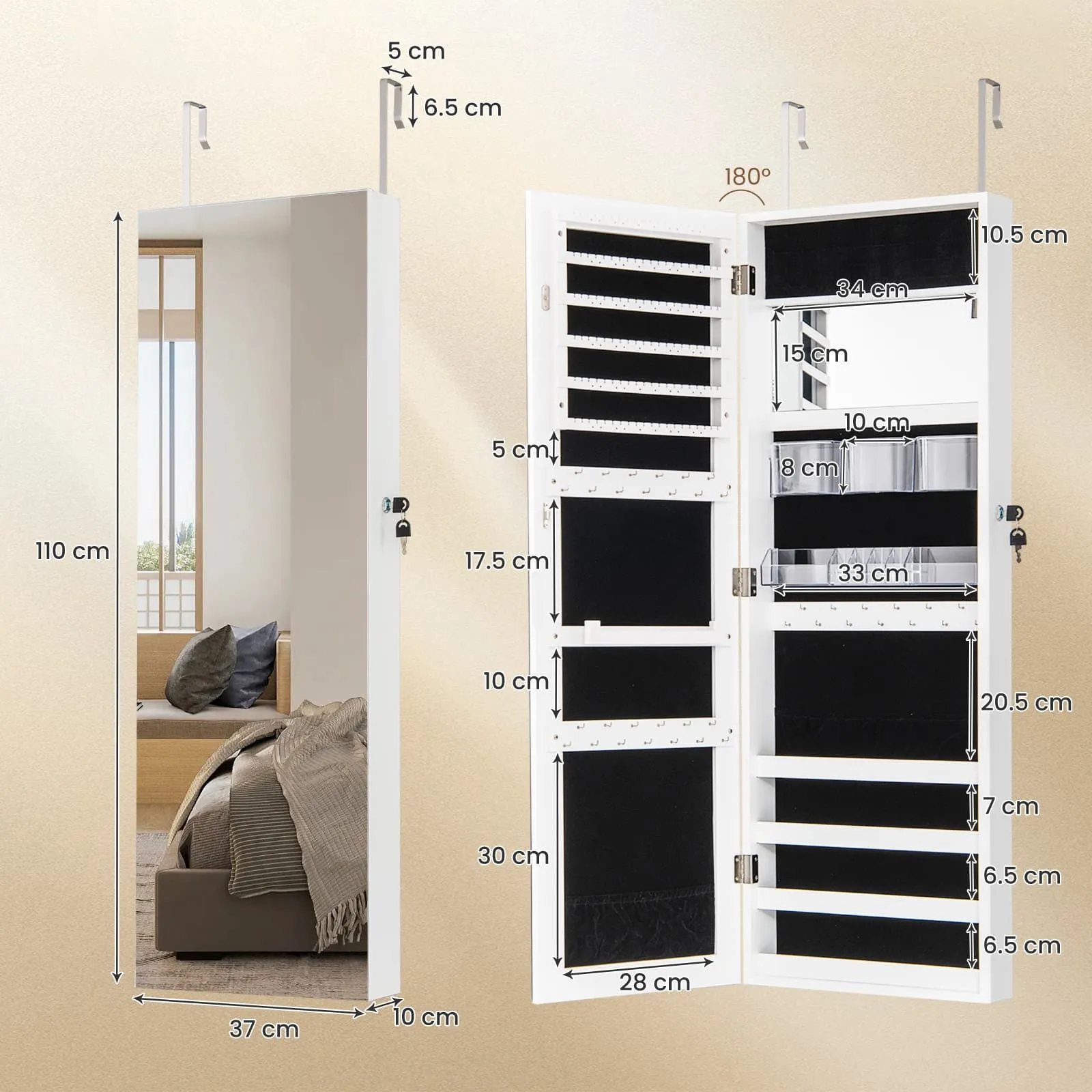 Costway Door Hanging Jewellery Cabinet Wall Mounted Jewelry Armoire w/ Full Length Mirro Lockable Cosmetics Jewellery Organiser Unit in White 2