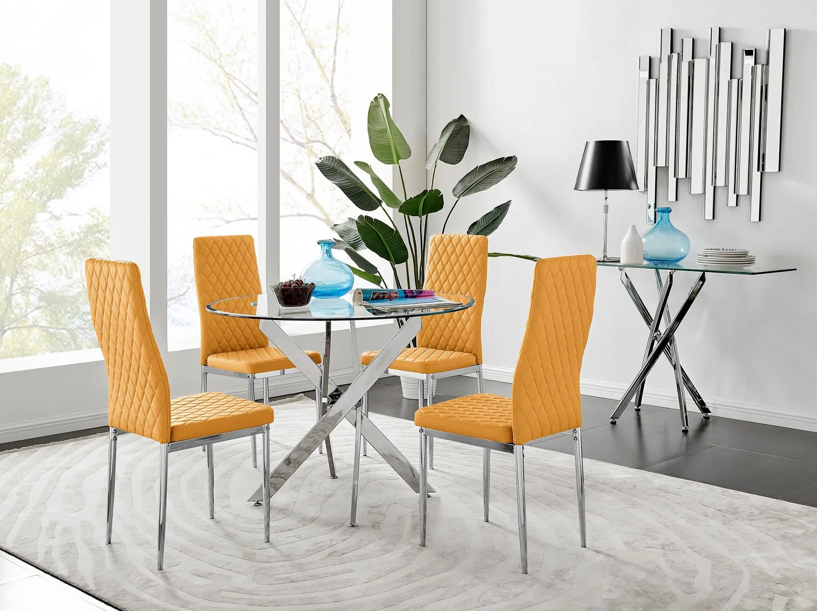 FurnitureboxUK Novara Clear Tempered Glass 100cm Round Dining Table with Chrome Starburst Legs & 4 Milan Faux Leather Chairs in Mustard 1
