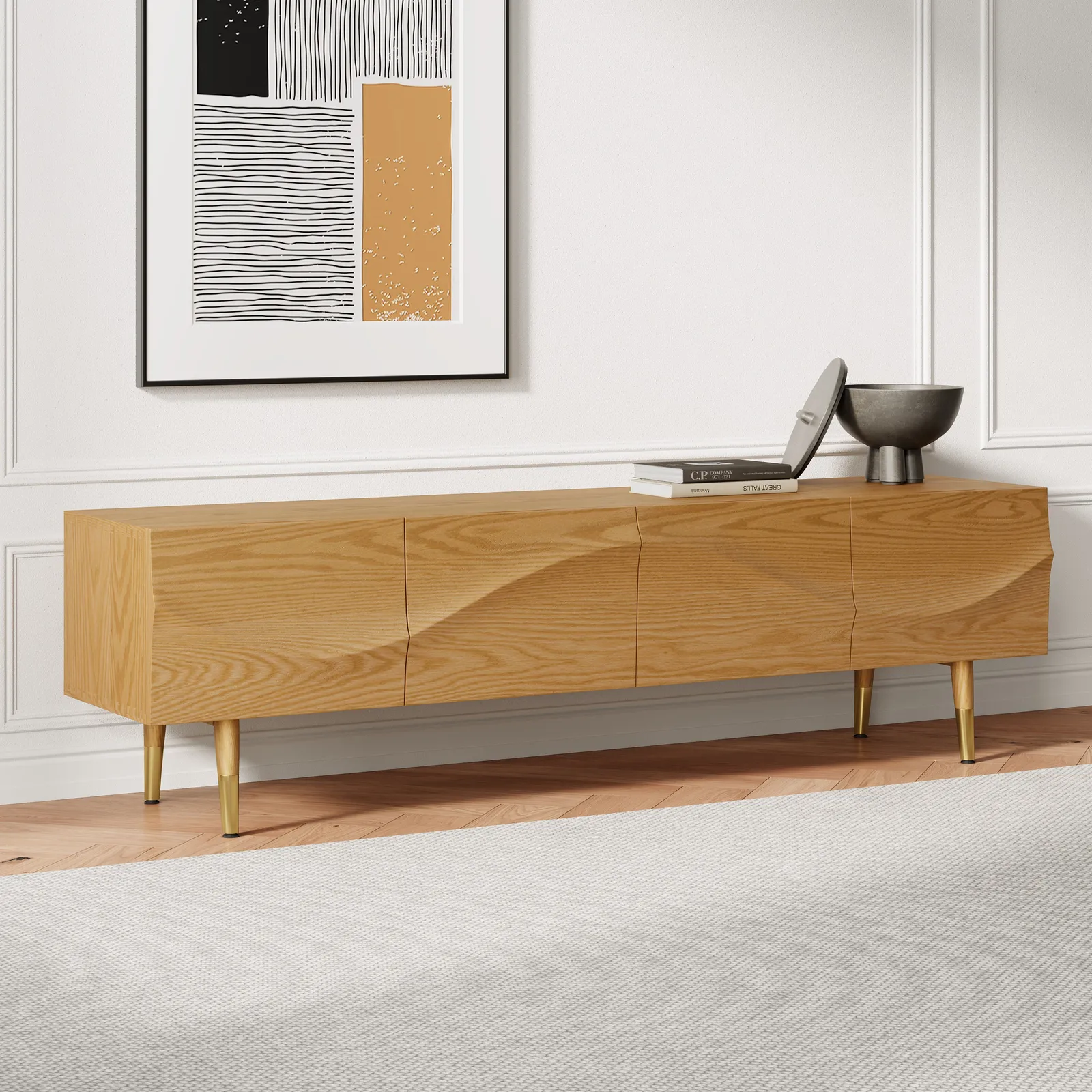 Lake Mid Century TV Stand with Wavy Design Natural Storage Drawers for TVs Up to 1905mm