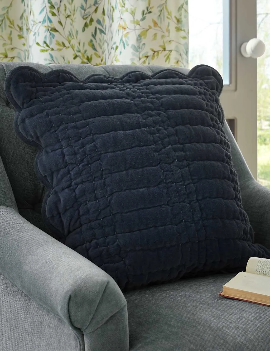 Laura Ashley Velvet Scalloped Cushion Navy