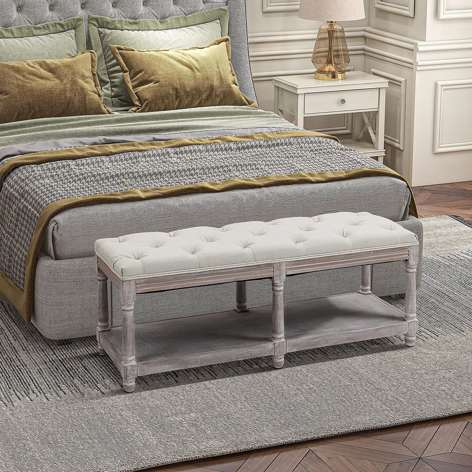 HOMCOM Rack Bench w/ Button Tufted Seat Cushion for Living Room Hallway Bedroom in Cream