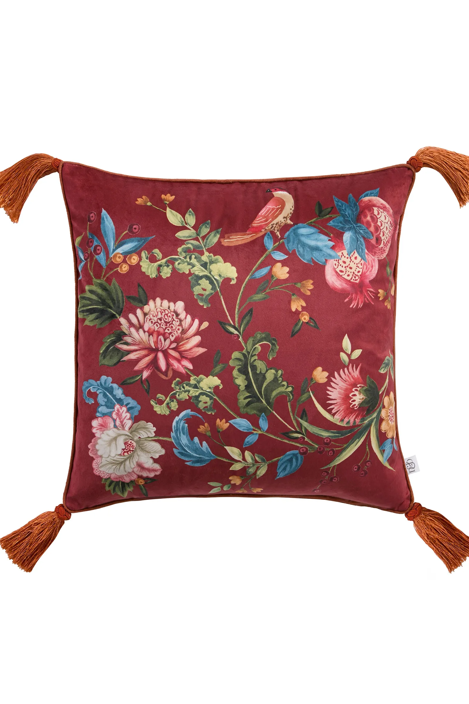 Dreams & Drapes 'Bejewelled' Hand Painted Floral Print Velvet Filled Cushion in Red 3