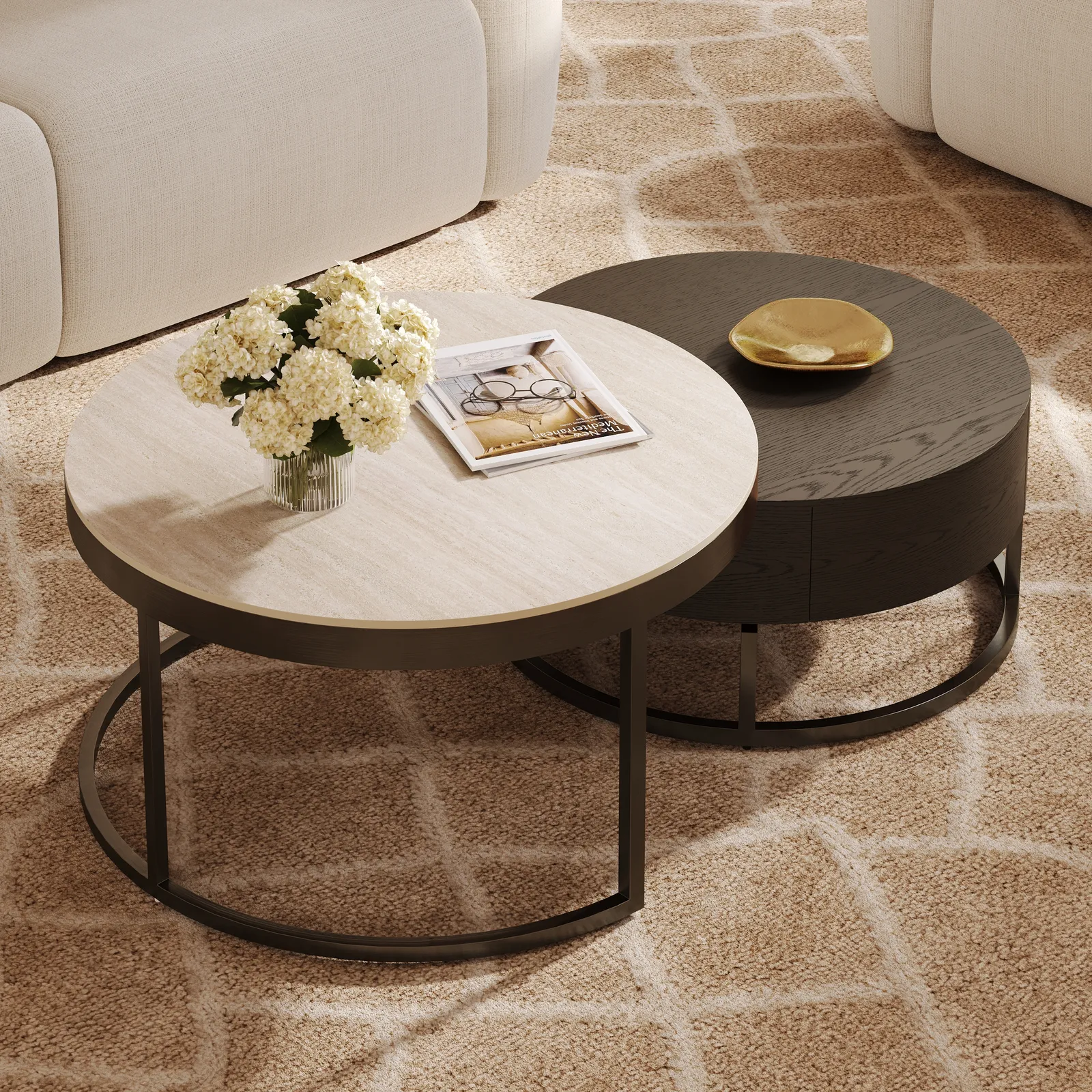 Nesnesis 28"-32" Round Nesting Walnut Coffee Table Set with Sintered Stone Top