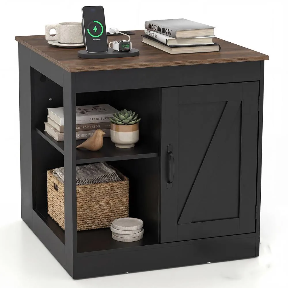 Costway Farmhouse Nightstand w/Charging Station Wooden Bedside Table End Table in Black