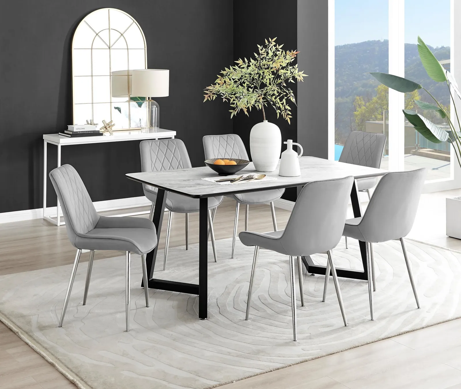 FurnitureboxUK Carson White Marble Effect Dining Table & 6 Pesaro Silver Chairs in Grey 1