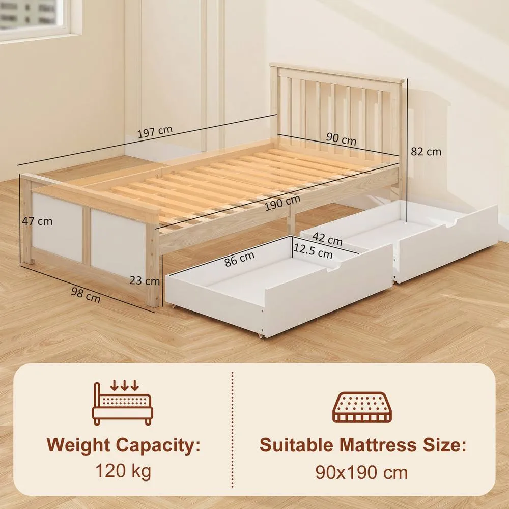 HOMCOM Storage Bed with 2 Drawers, Headboard, Wood Slat Support, Natural 3