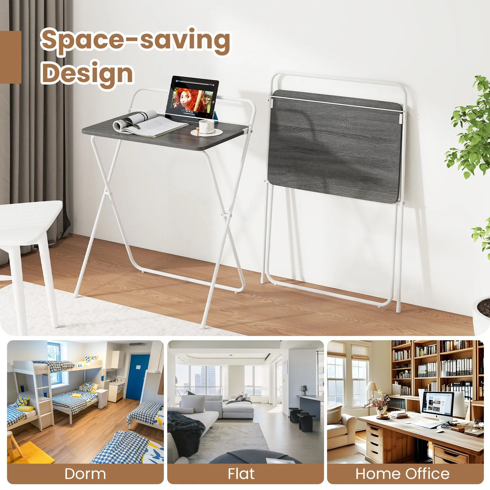 Costway 60CM Folding Computer Desk Compact Home Office Writing Desk in Grey 4