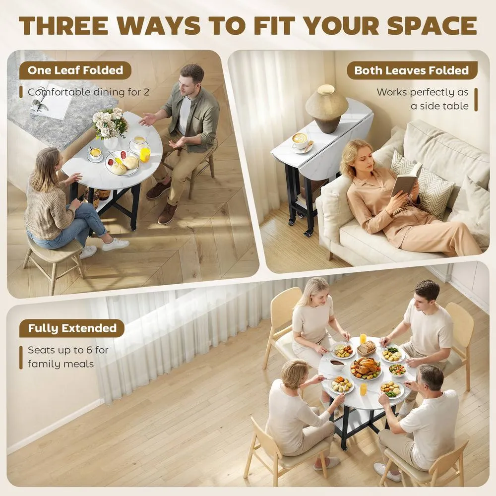 HOMCOM Folding Dining Table, Drop Leaf Table with Open Shelf, White Marble 4