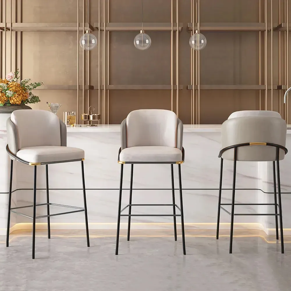 Linenic Modern PU Leather Breakfast Bar Stool with Back Counter Height Stool with Footrest in Beige & Orange 2-Pieces
