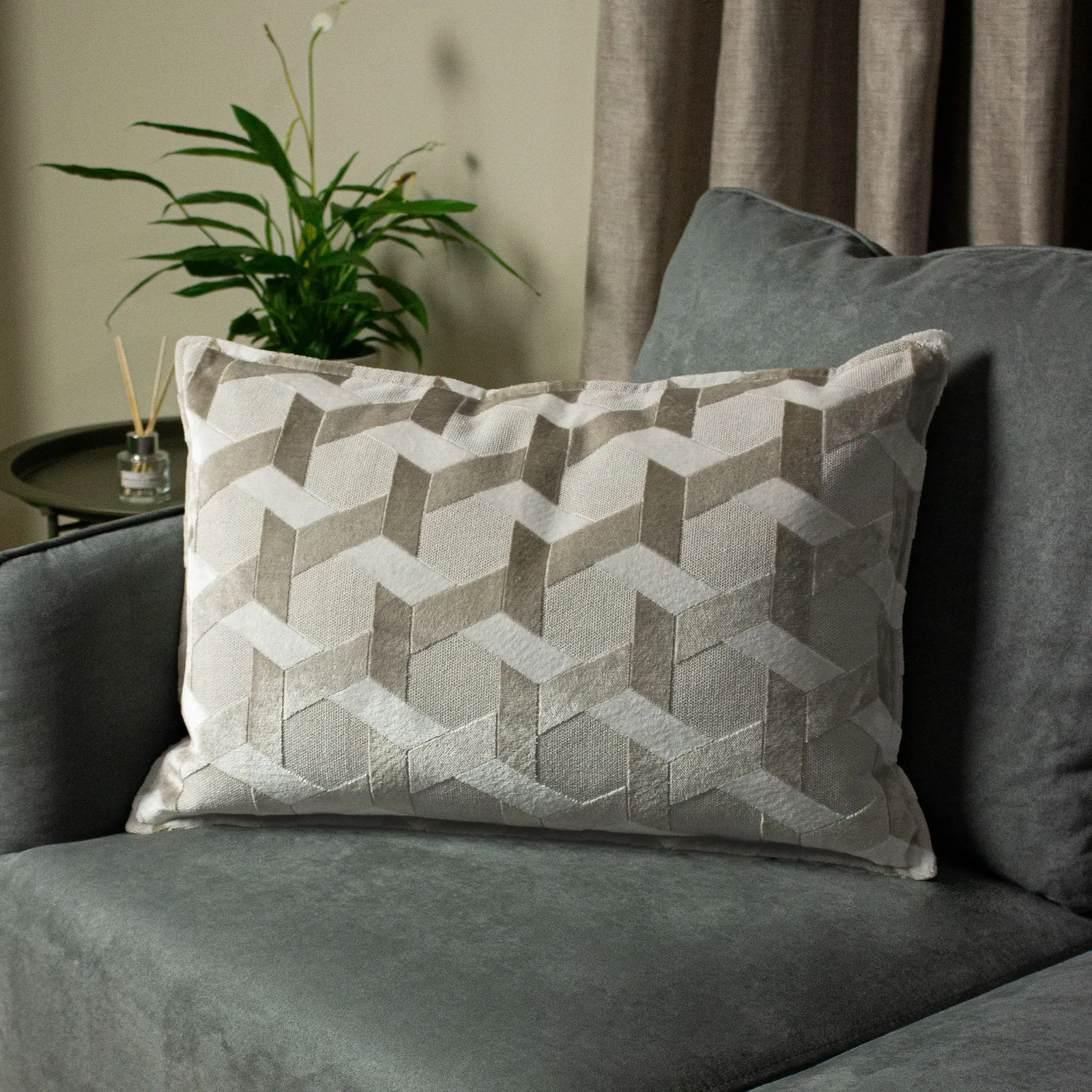 Paoletti Delano Geometric Velvet Cushion in Ivory