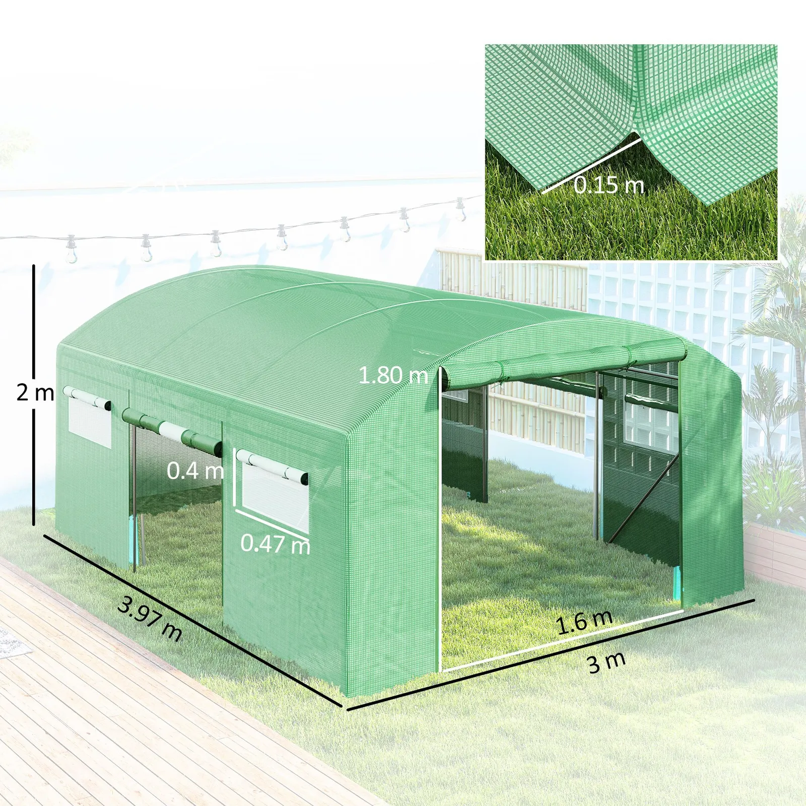 OUTSUNNY Polytunnel Greenhouse with 3 Roll-up Doors, 4 x 3 x 2m, Green 3
