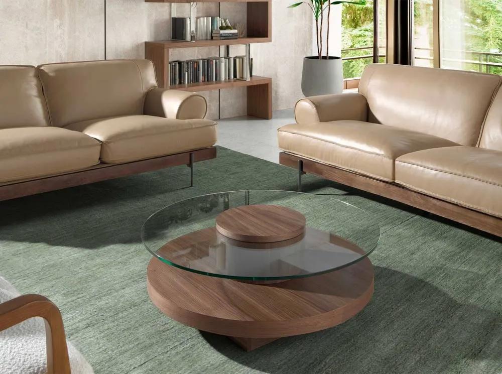 Angel Cerda Round Tempered Glass Coffee Table Walnut Veneer Legs in Brown 3