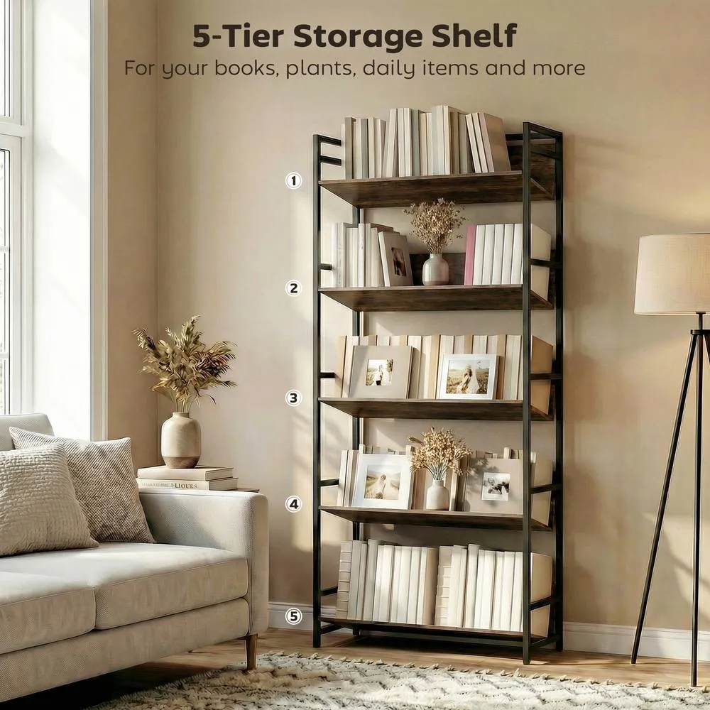 HOMCOM Bookcase Anti-Slip Design 5-Tier in Brown 6