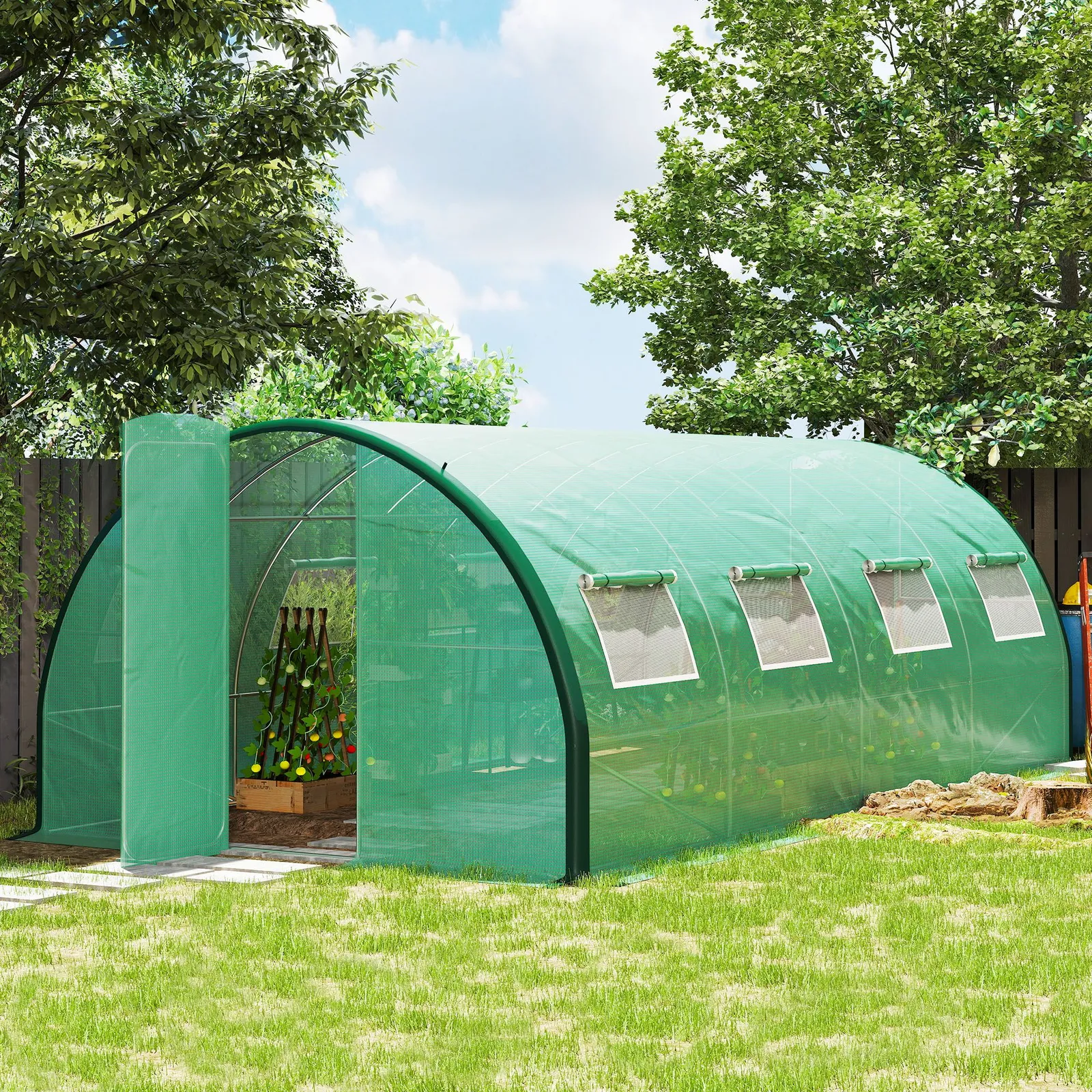 OUTSUNNY Tunnel Greenhouse, Upgraded Structure, Hinged Doors, 6 x 3 m, Green
