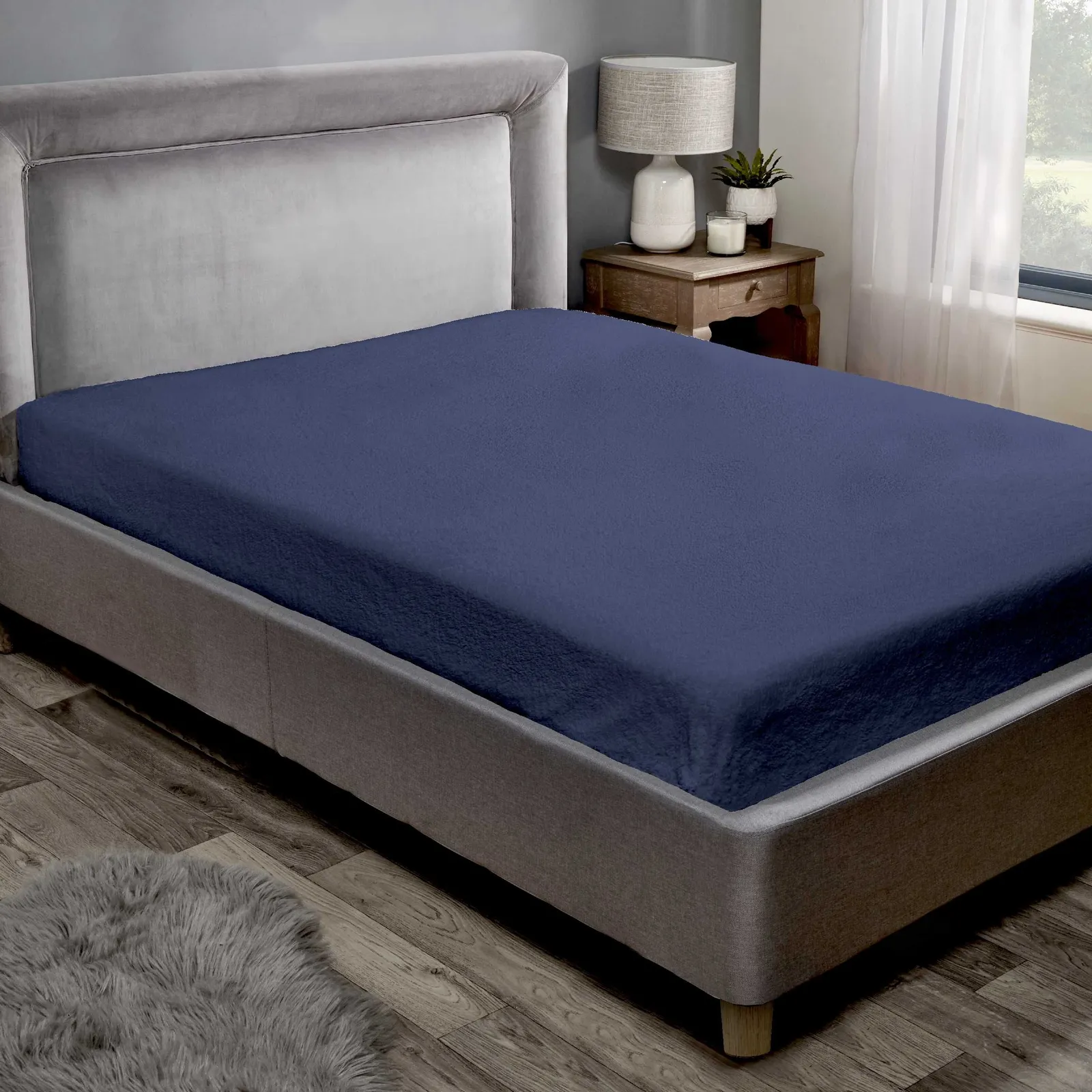 Rapport Home Teddy Fleece Plain Fitted Bed Sheets in Navy 1