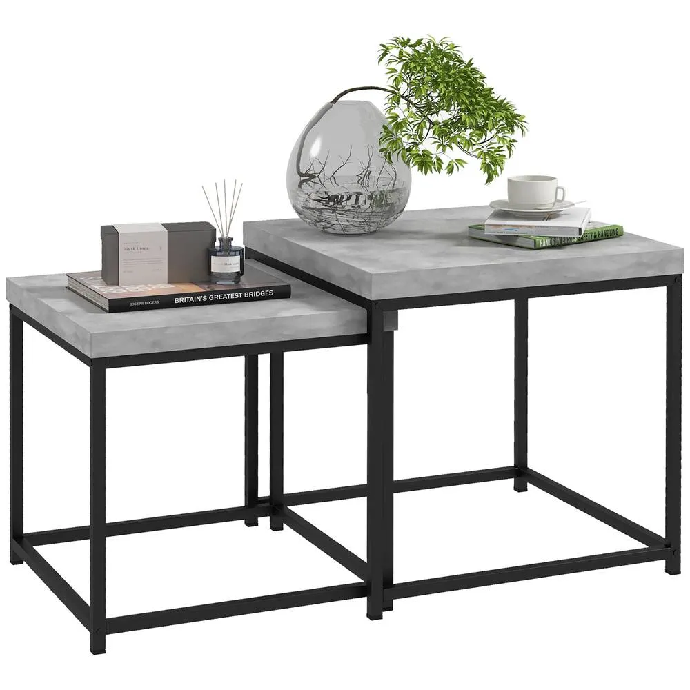 HOMCOM Coffee Table Set of 2, Nest of Tables with 3.5cm Thick Tabletop, Grey 2