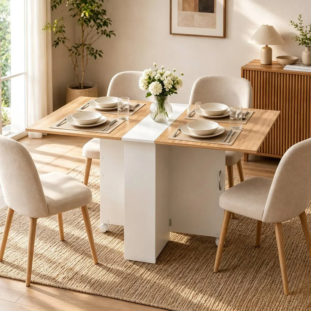 HOMCOM Rolling Drop Leaf Dining Table, Folding Kitchen Table with Shelves in Natural 2
