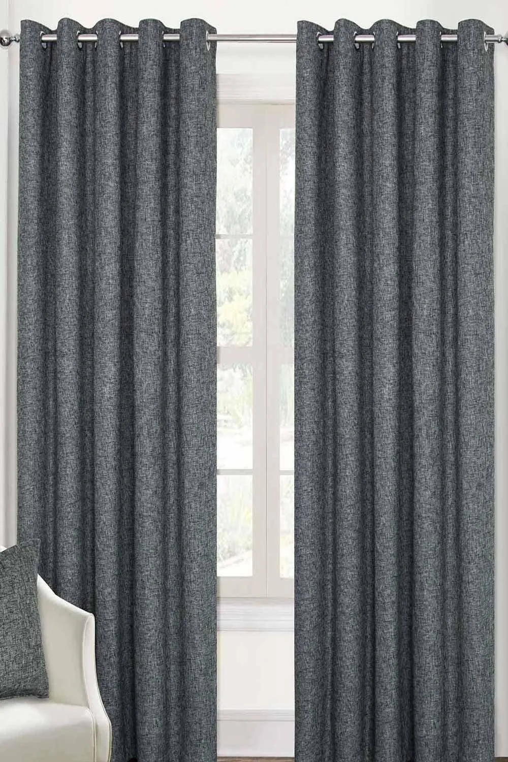 Homescapes Heavy Boucle Textured Blackout Lined Eyelet Curtain Pair in Dark Grey 1