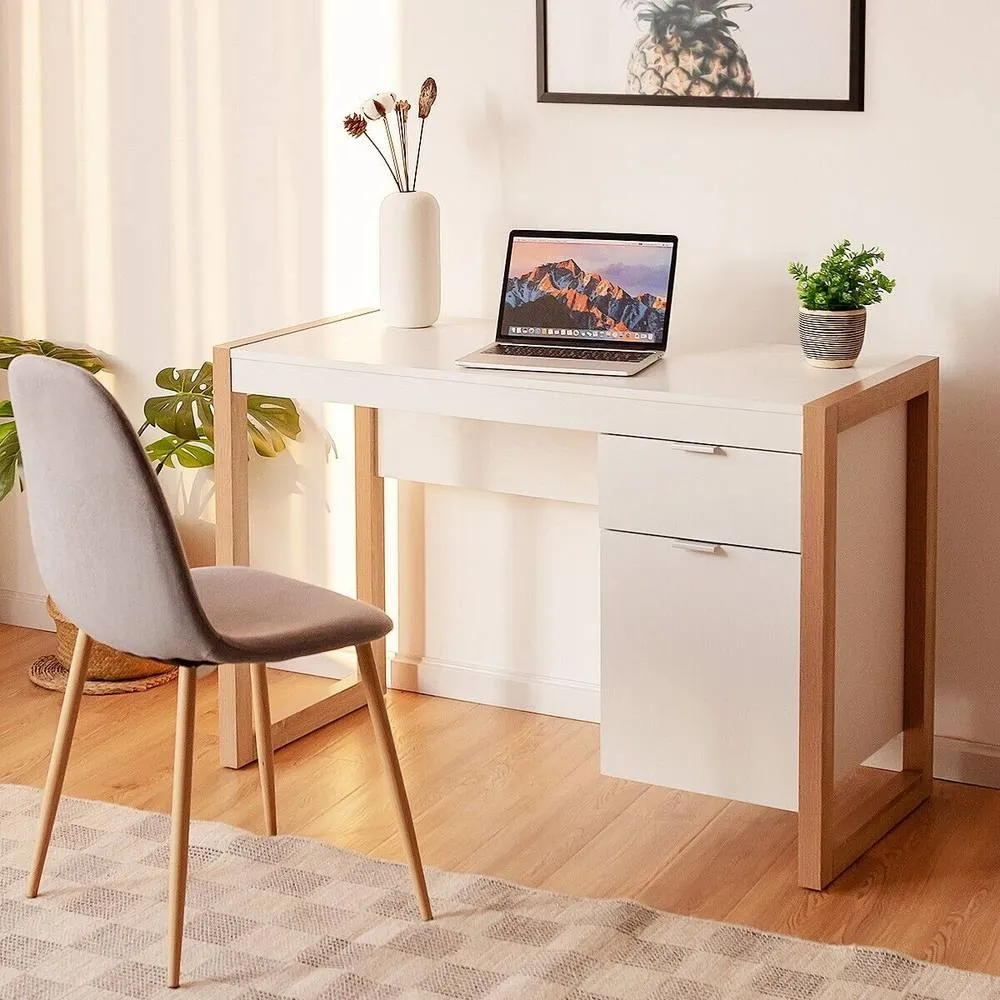 Costway Modern Workstation Desk w/ Storage Cabinet & Drawer Sturdy Structure Home Office in White 3