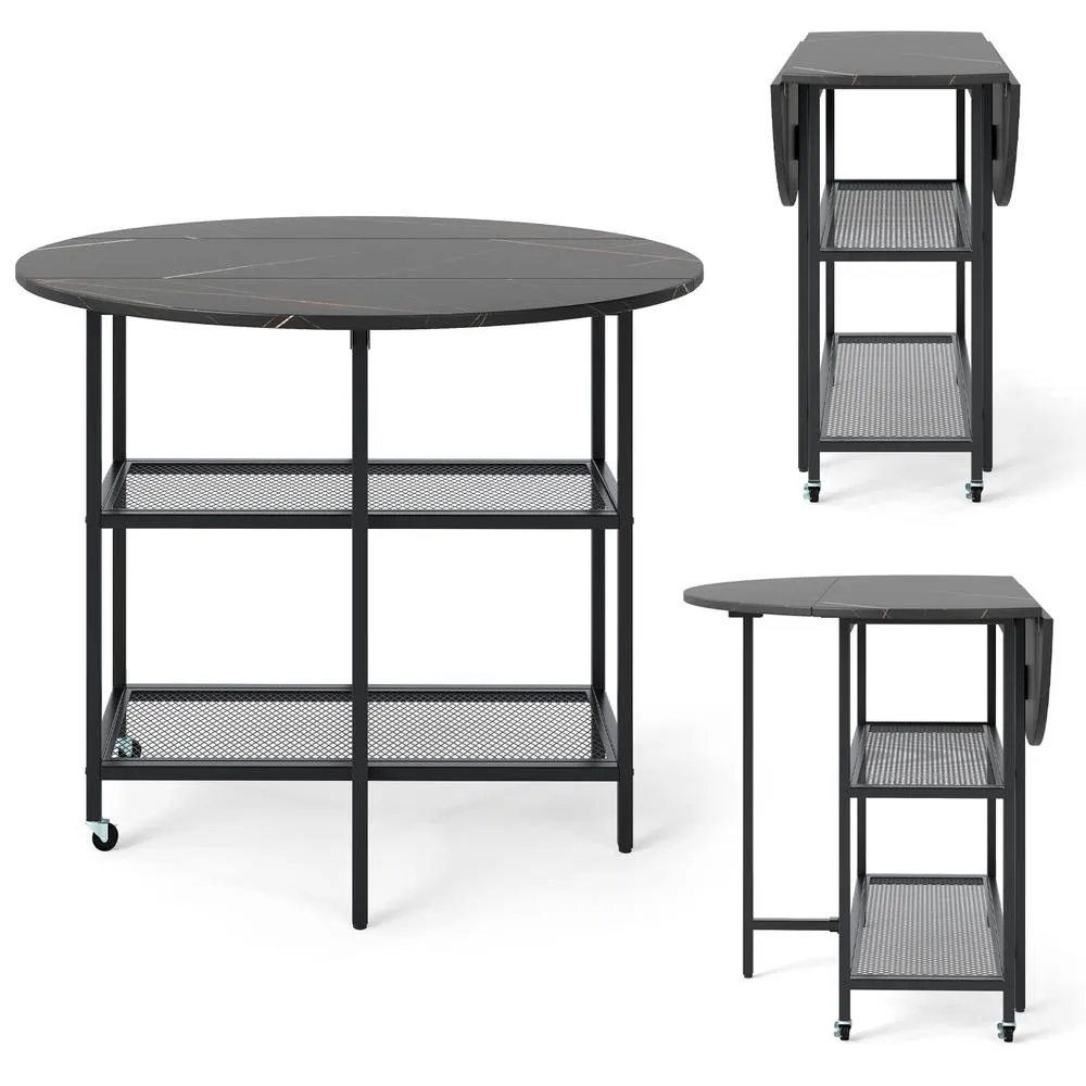 Costway 100cm Round Kitchen Table Dining Table w/Drop Leaf Tabletop-Black in Black