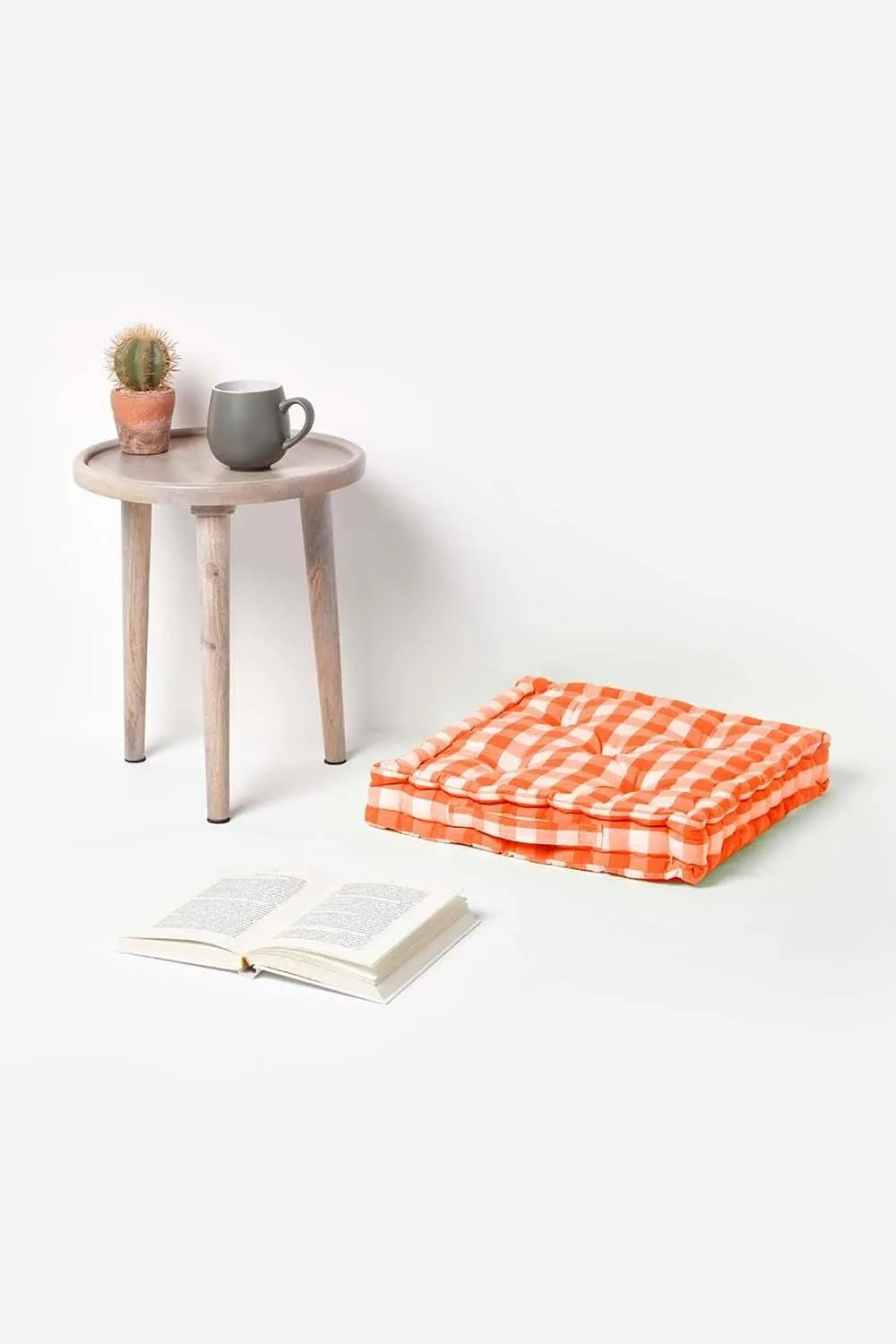 Homescapes Block Check Cotton Gingham Floor Cushion in Orange 2