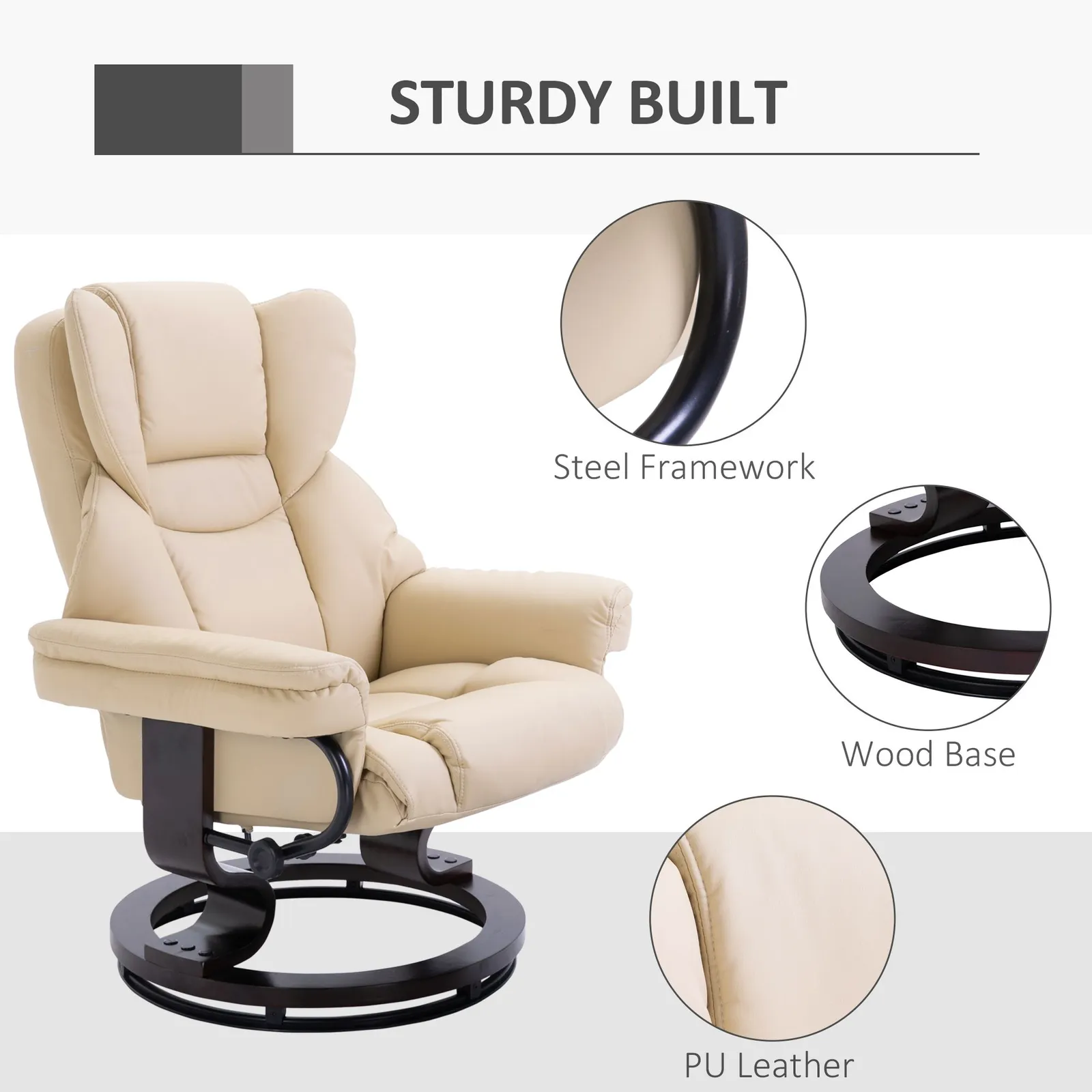 HOMCOM Padded PU Leather Manual Reclining Armchair Sofa Chair w/ Footstool in Cream 6