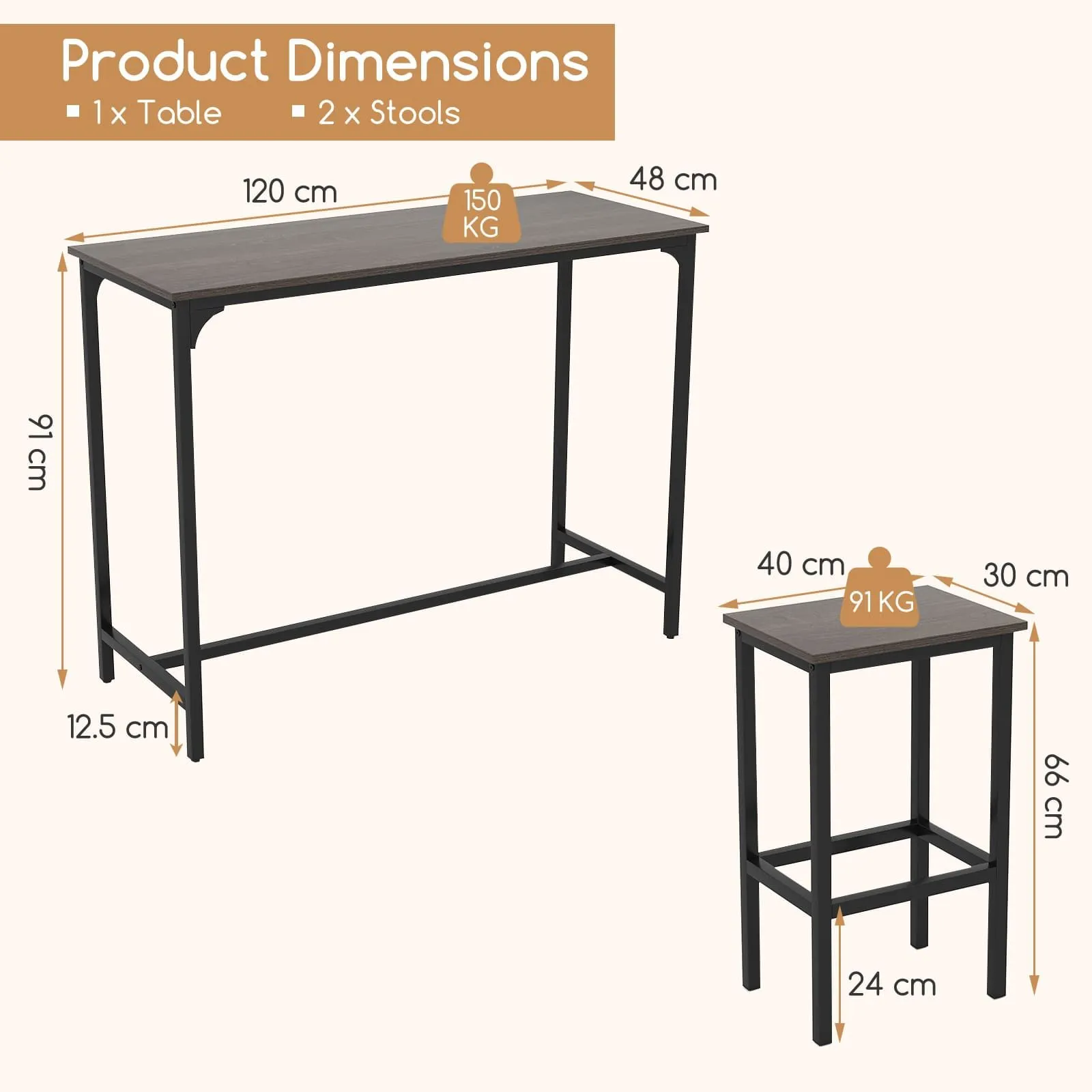 Costway 3Pcs Dining Table Set Counter-Height Kitchen Table & 2 Stools in Grey 3