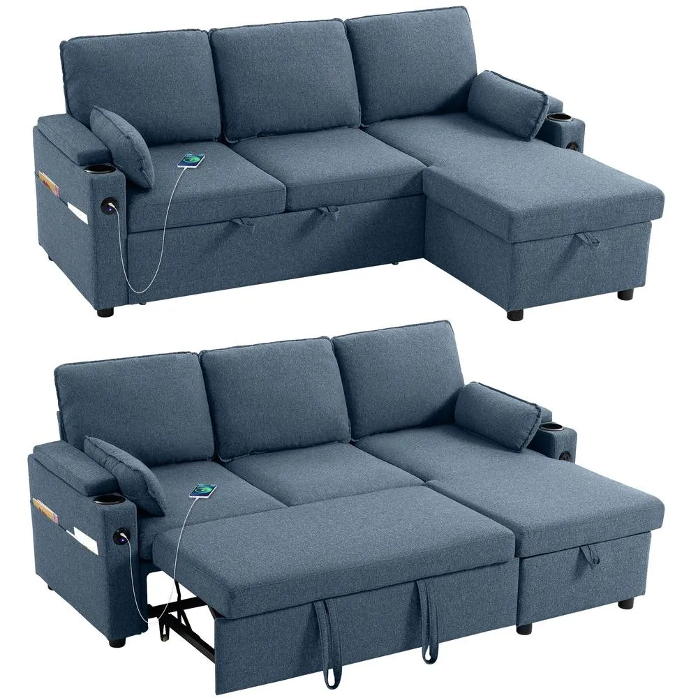 HOMCOM Corner Sofa Bed, L Shaped Sofa with Storage Chaise, USB Ports in Blue 2