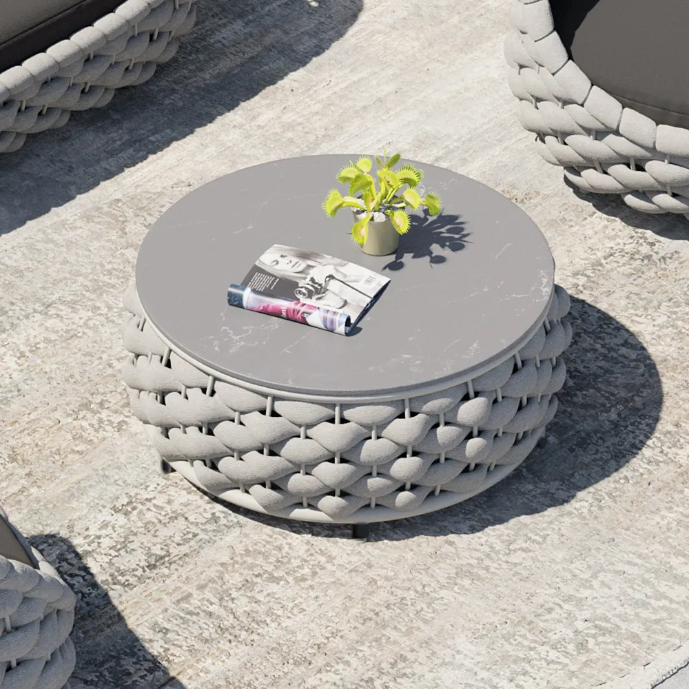 Modern Sintered Stone Top Round Outdoor Coffee Table with Textilene Rope Woven Base in Grey