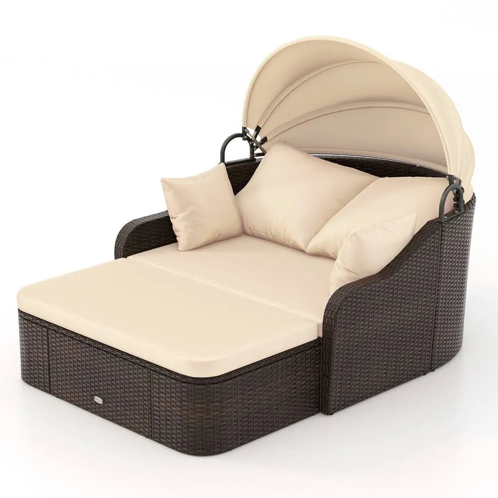 Costway Patio PE Rattan Daybed with Retractable Canopy in Beige