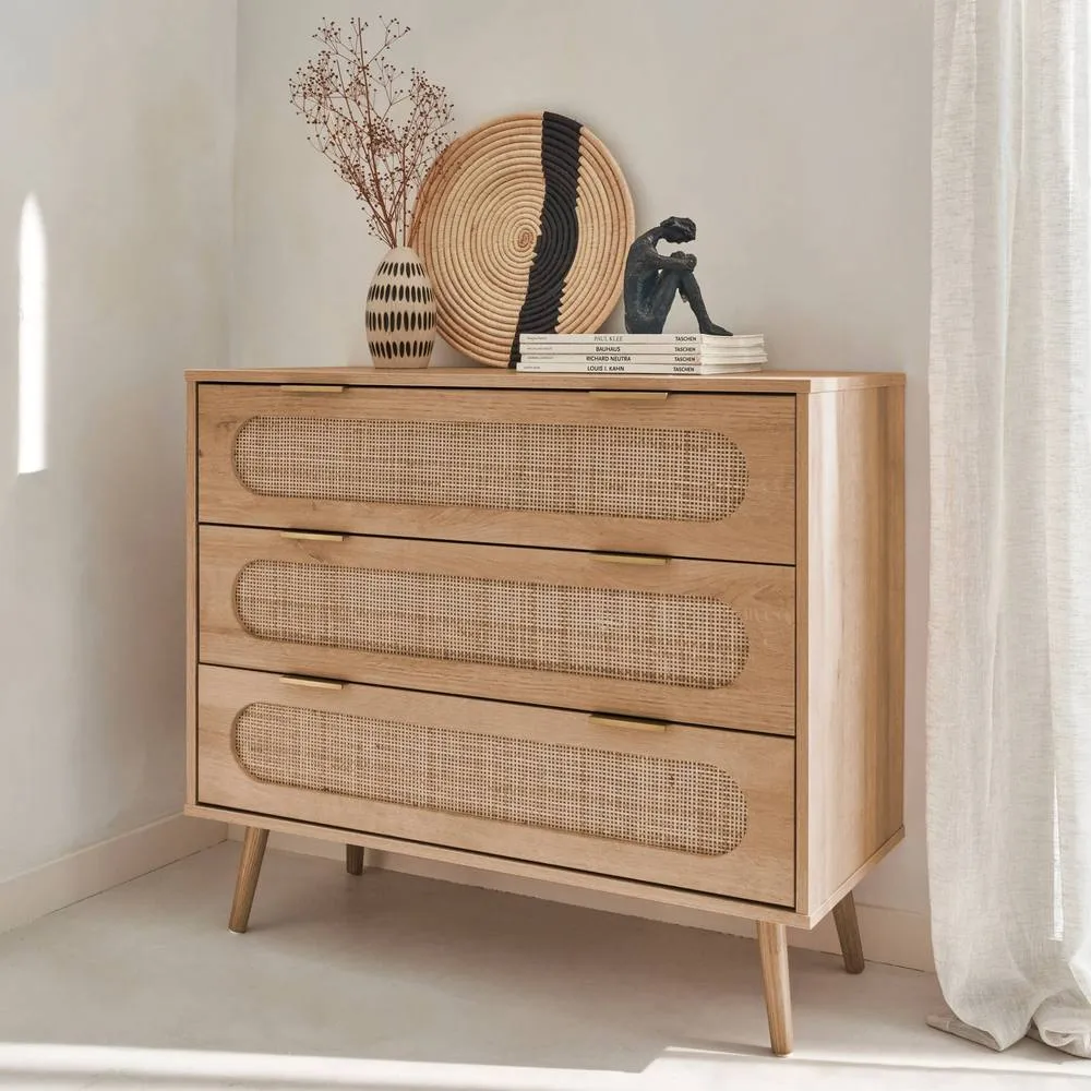 sweeek 3-drawer chest with wood & rounded cane rattan in Beige 4