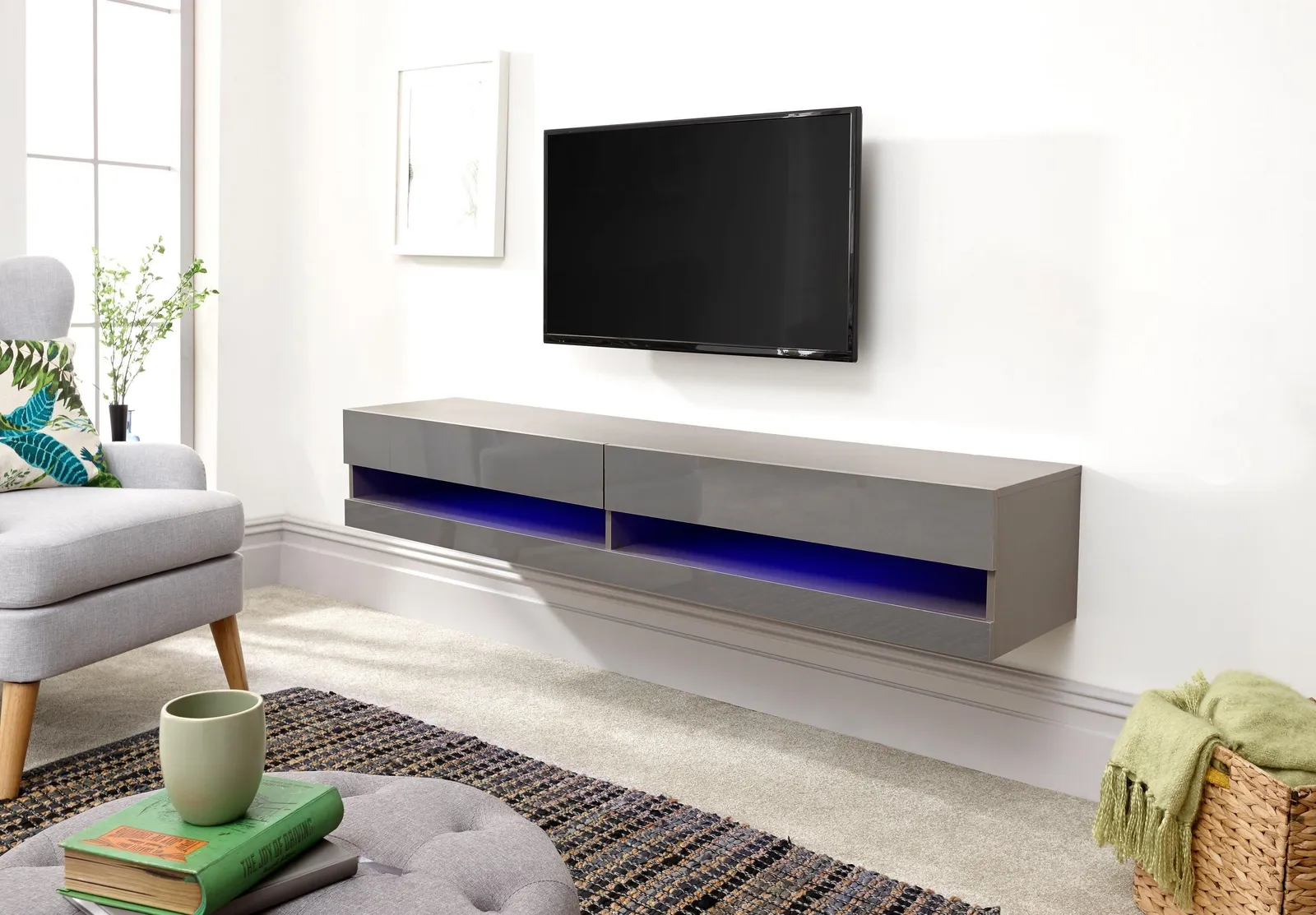 GFW Galicia 180cm Wall TV Unit with LED in Grey 5