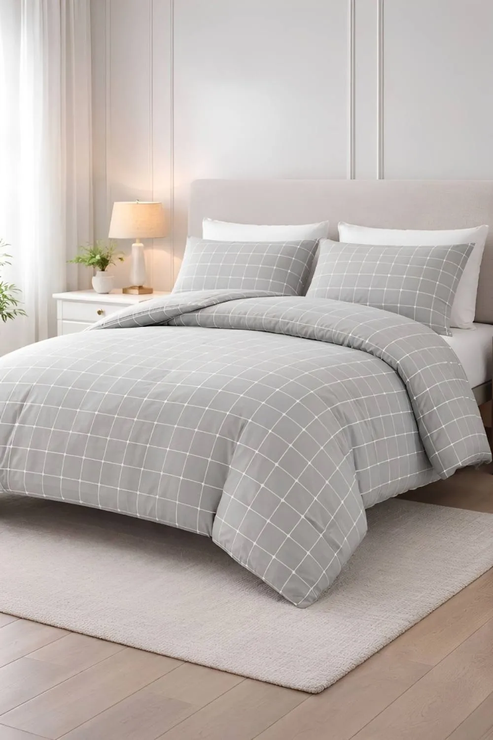 Pamposh Double Brushed Microfibre Check Duvet Cover Set Reversible in Grey