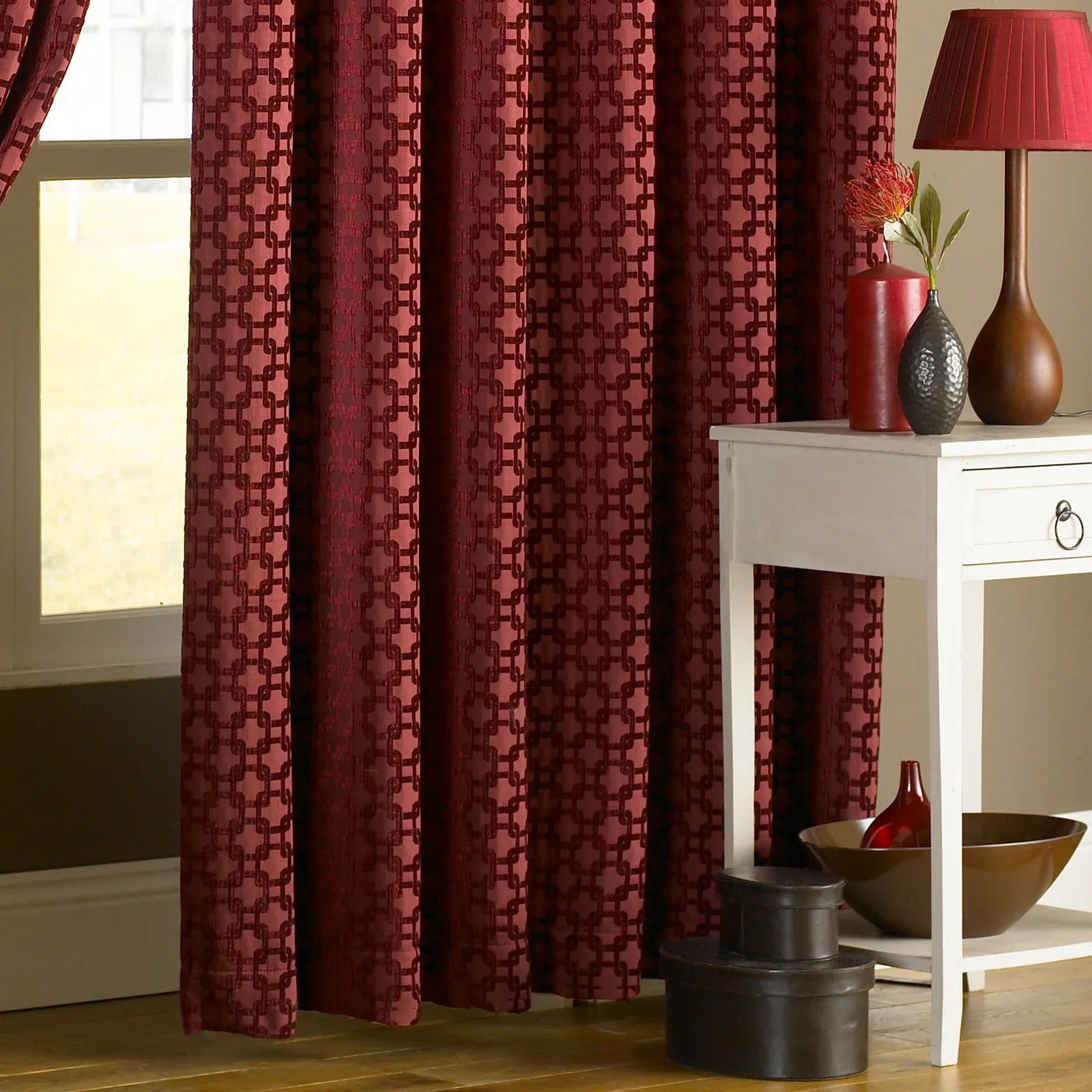 Paoletti Belmont Geometric Jacquard Pencil Pleat Curtains in Red 3