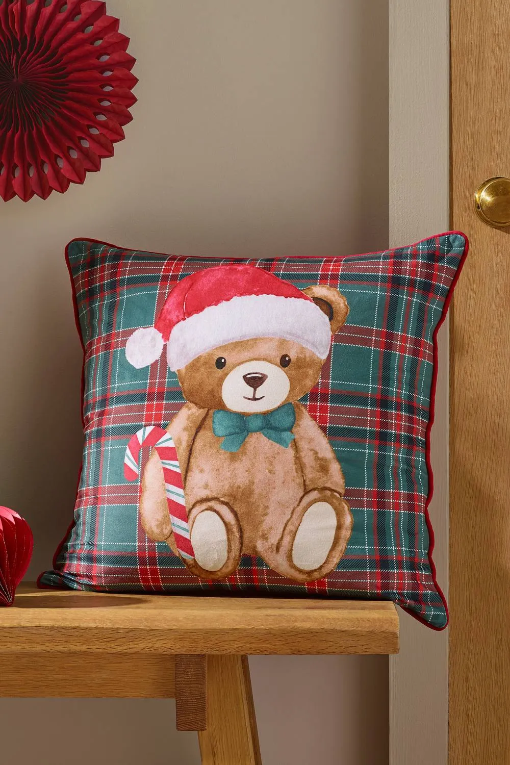 Catherine Lansfield 'Christmas Tartan Teddy Bear' Cushion in Green