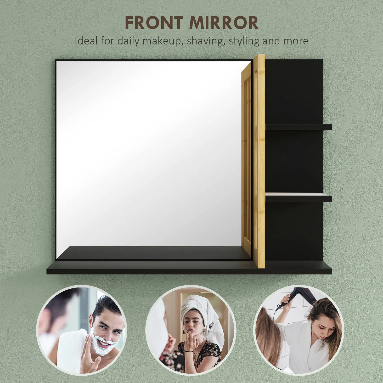 HOMCOM Modern Wall Mounted Bathroom Mirror with 4 Storage Open Shelves Black 6