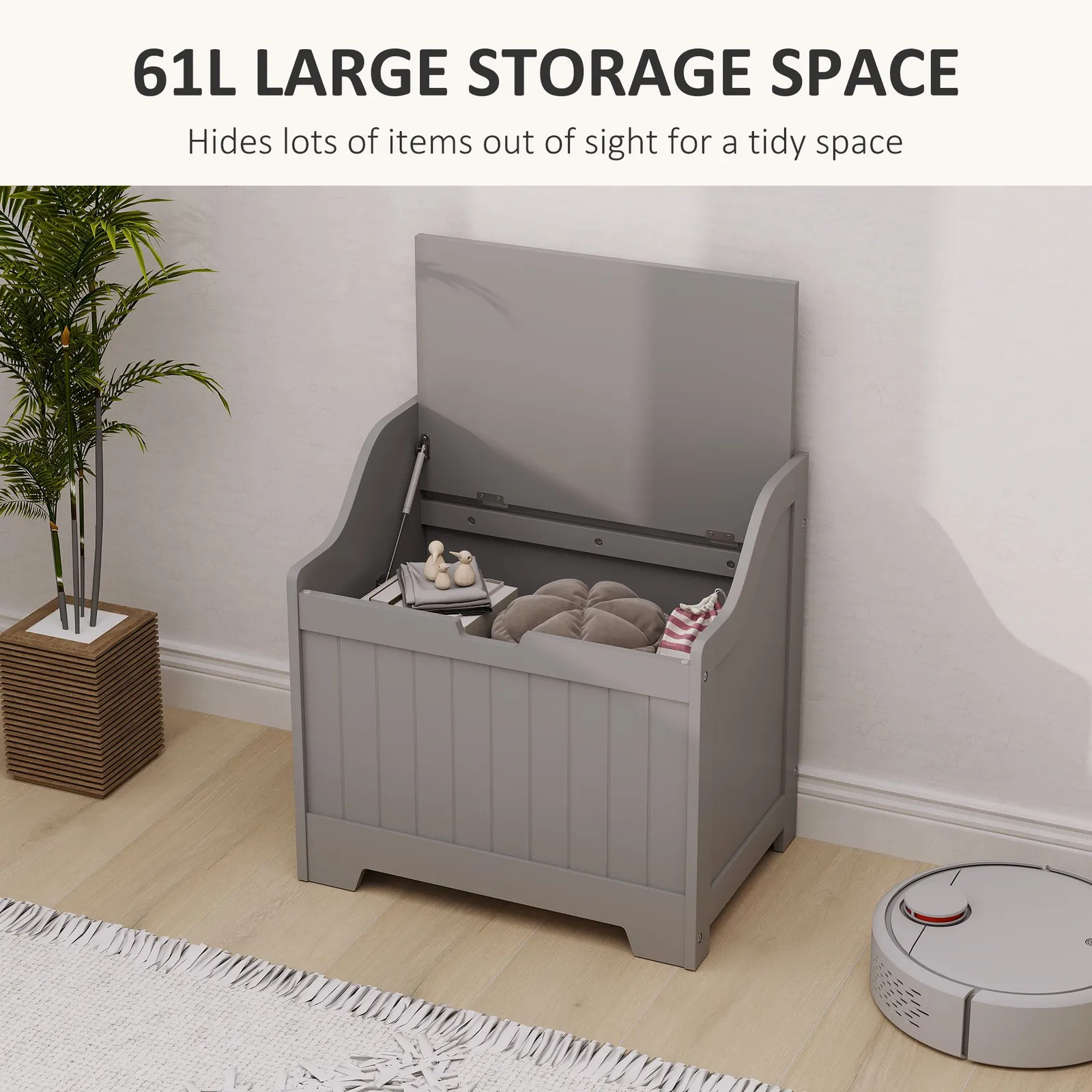 HOMCOM Storage Trunk with Safety Hinge for Living Room, 56.4cm in Grey 4