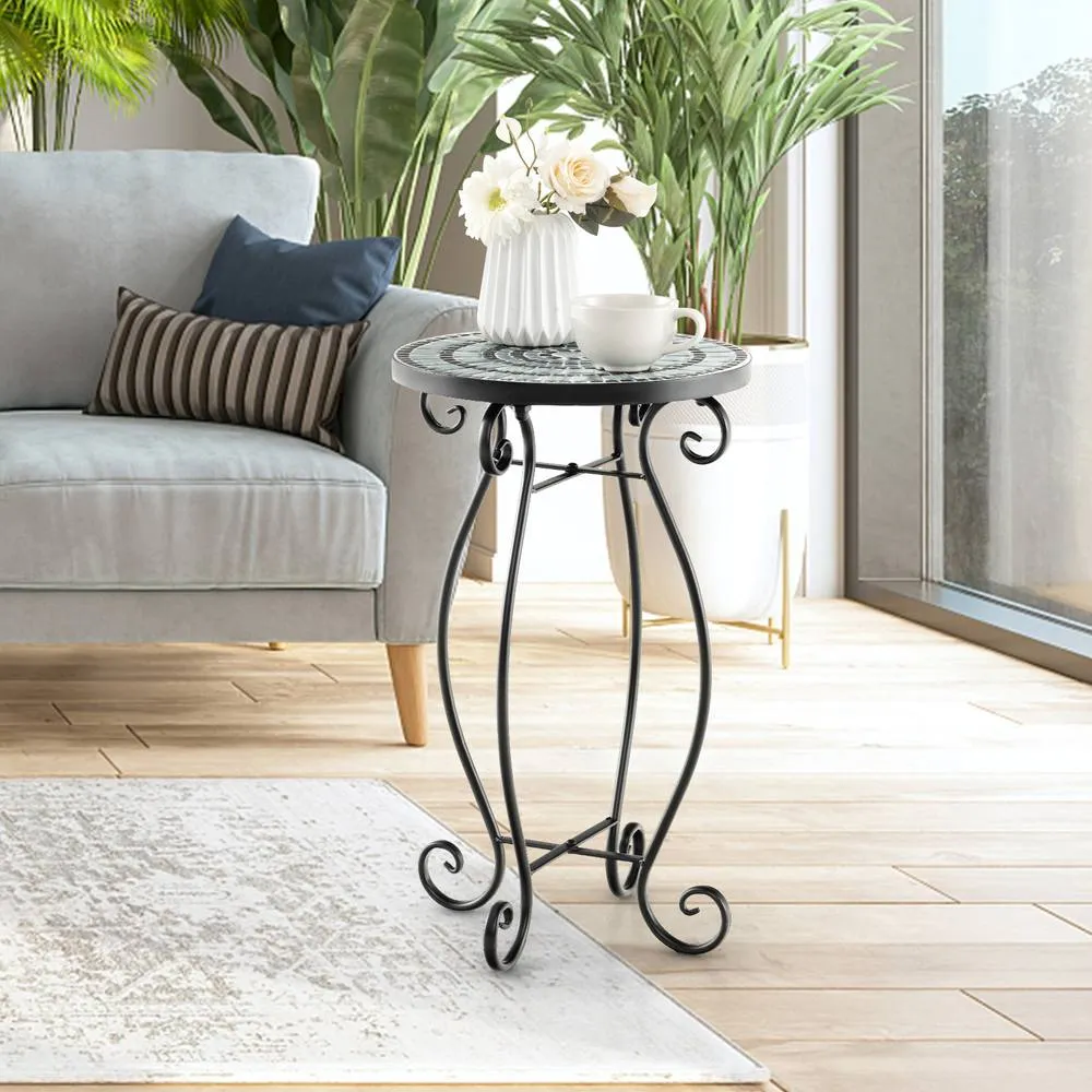 Costway Mosaic Outdoor Side Table Round End Table with Tile Tabletop in Black 3