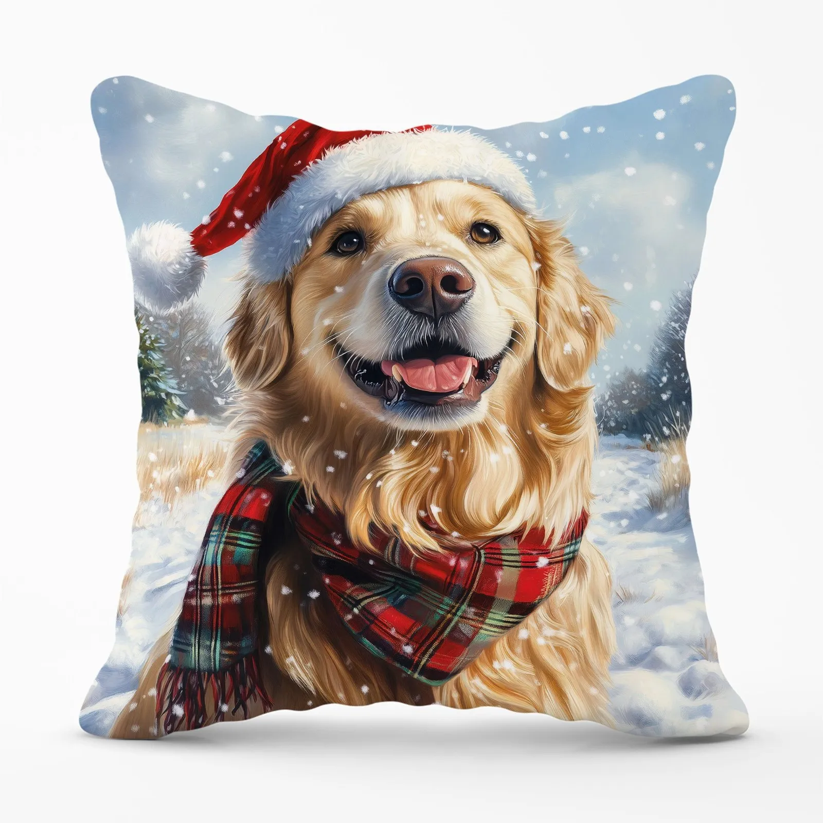 Warren Reed - Designer Snowy Christmas Golden Retriever Cushion in Yellow