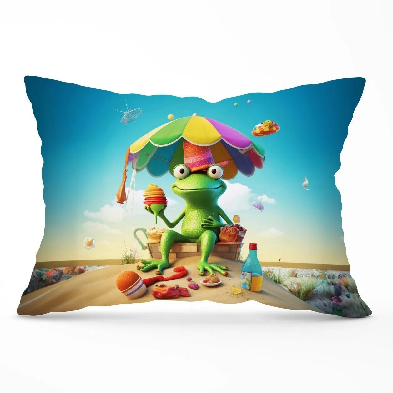 Warren Reed - Designer Frog On A Beach Holiday Cushions in Yellow