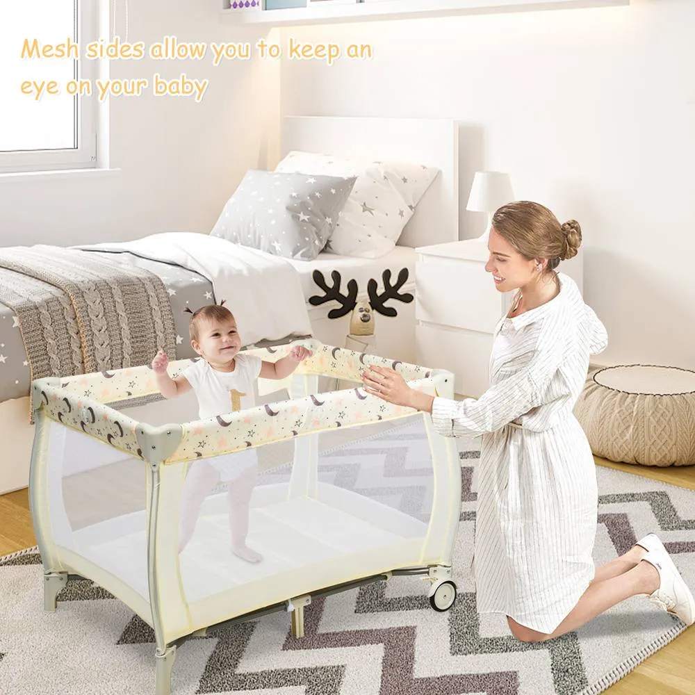 Costway 3 in 1 Travel Cot Foldable Baby Crib Playard w/Bassinet Nursery Center in Beige 4