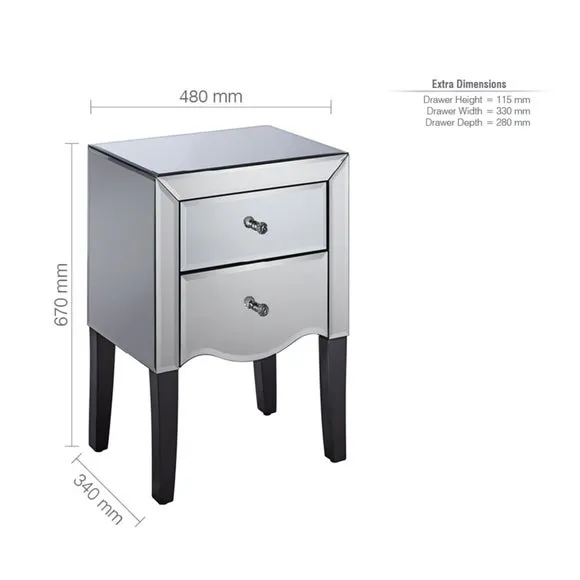 Palermo 2 Drawer Mirrored Bedside Table 3