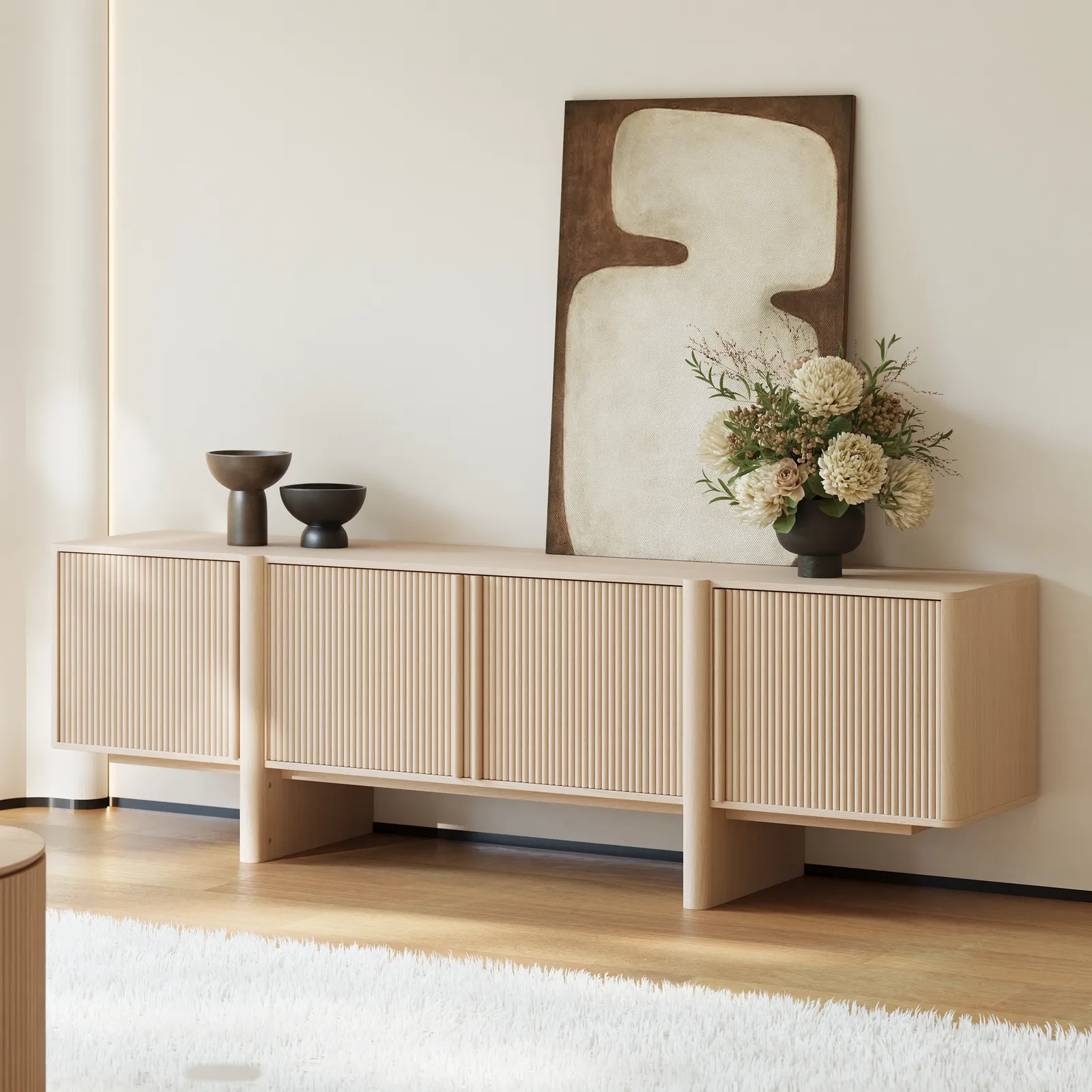 200 cm Solid Wood Fluted Whitewash TV Stand with Cabinets