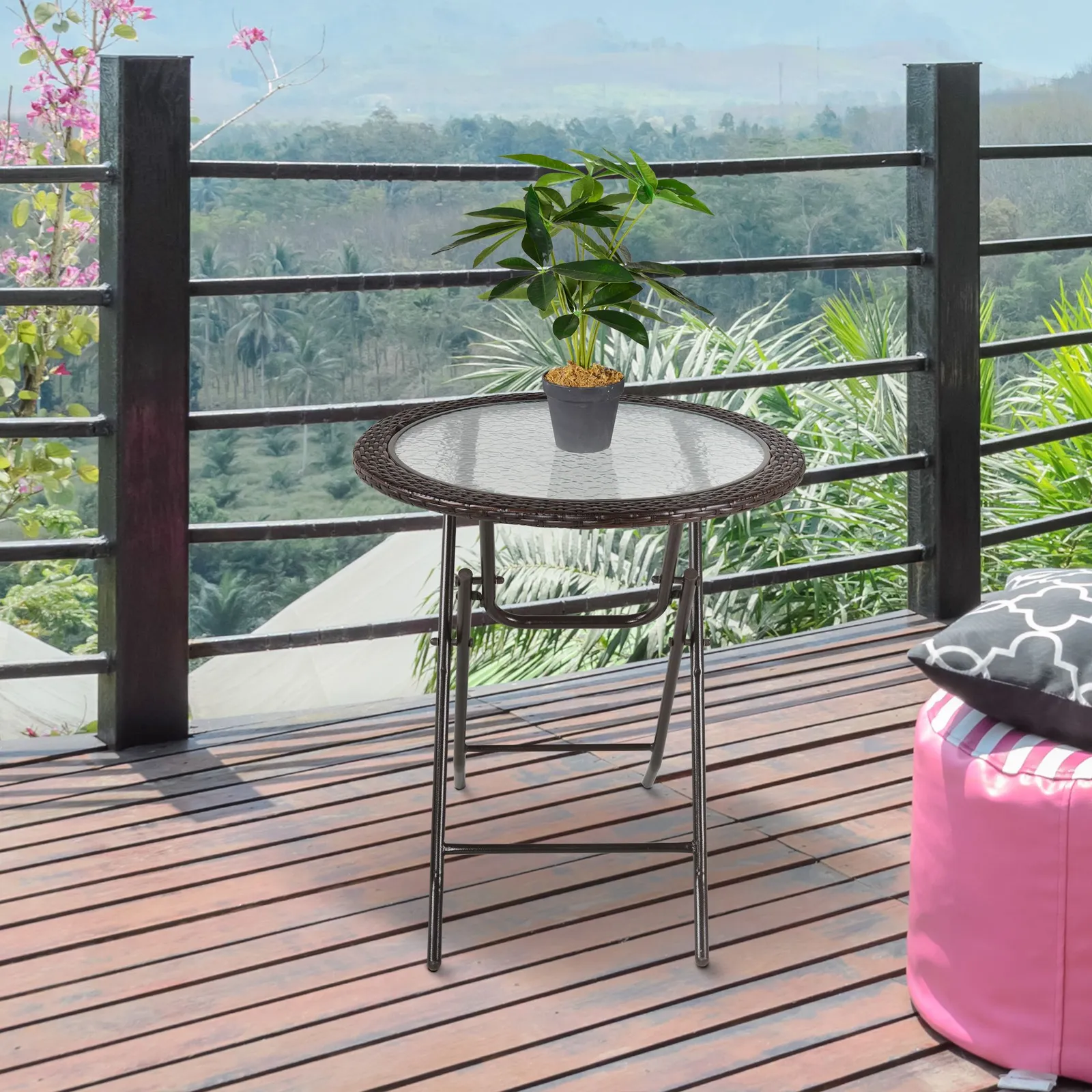OUTSUNNY Folding Round Tempered Glass Metal Table with Brown Rattan Edging